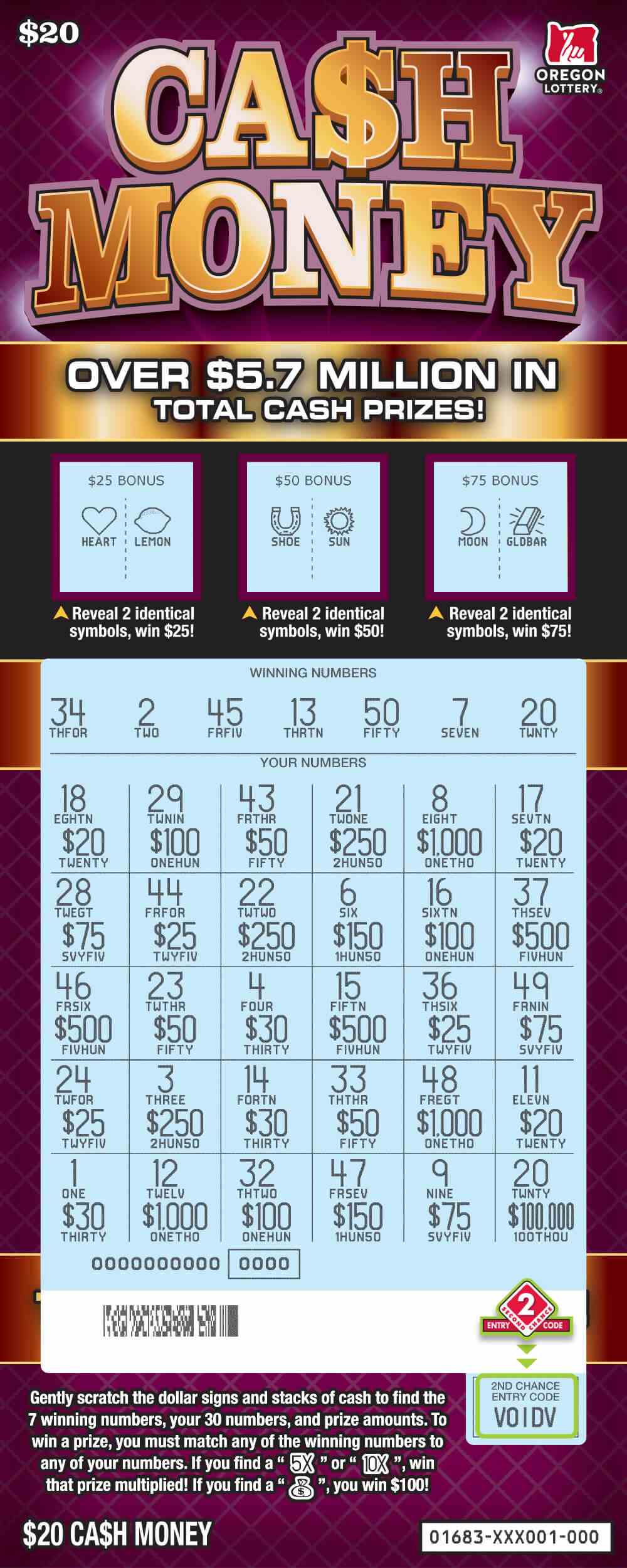 Cash Money scratchcard - game number #1683 - front-scratched