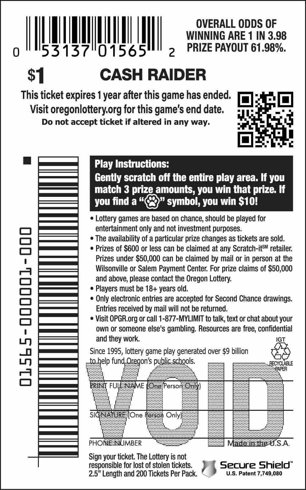 Cash Raider scratchcard - game number #1565 - back