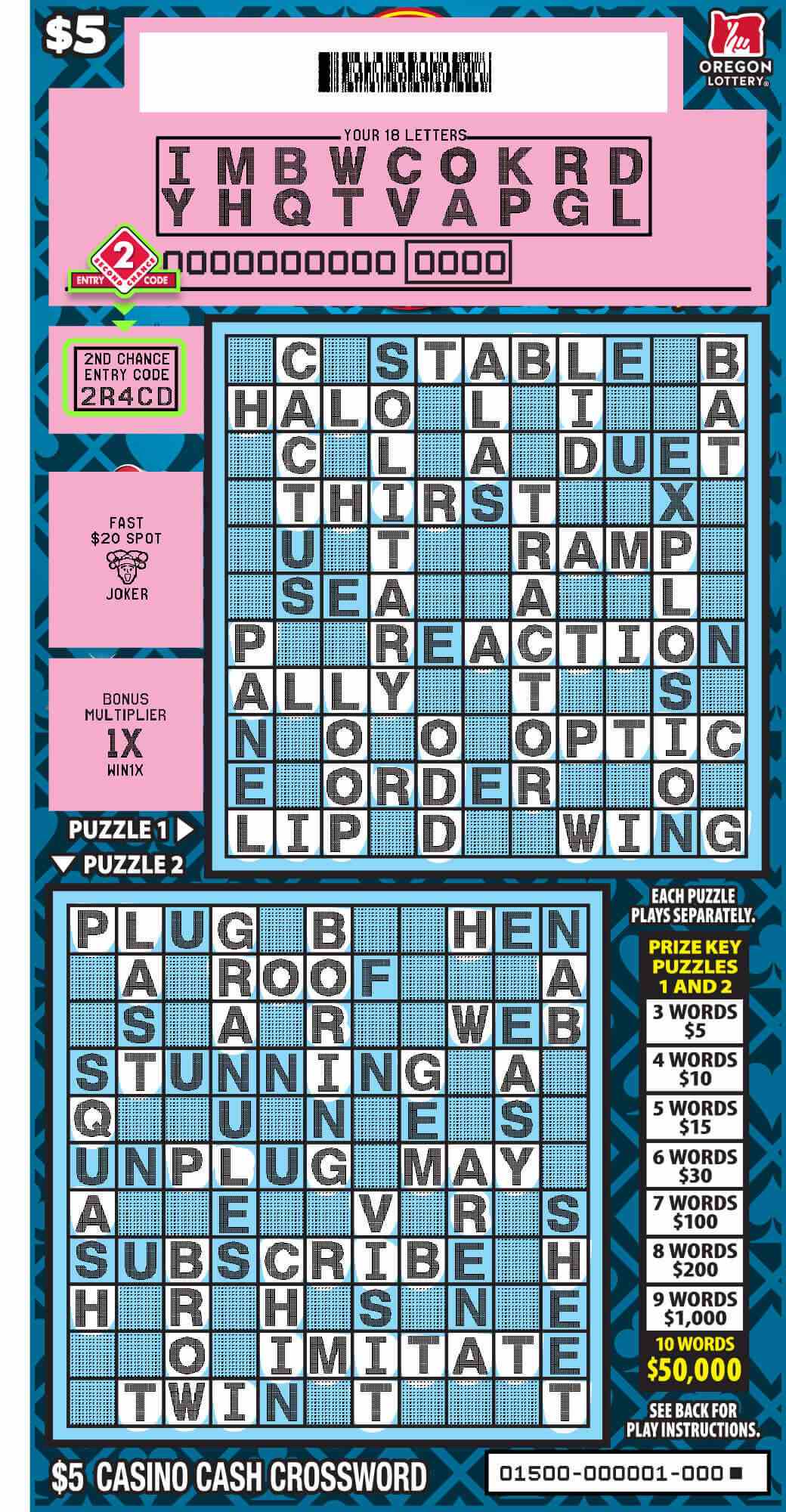 Casino Cash Crossword scratchcard - game number #1500 - front-scratched