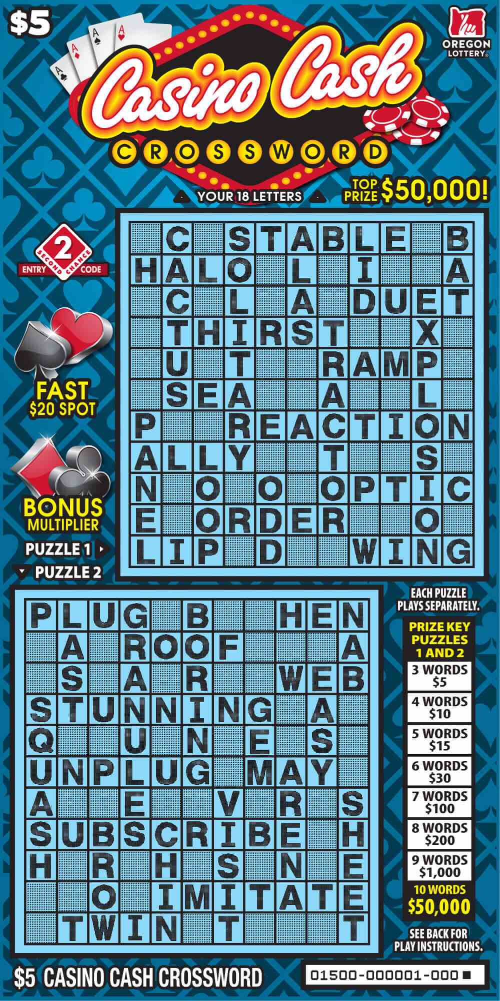 Casino Cash Crossword scratchcard - game number #1500 - front