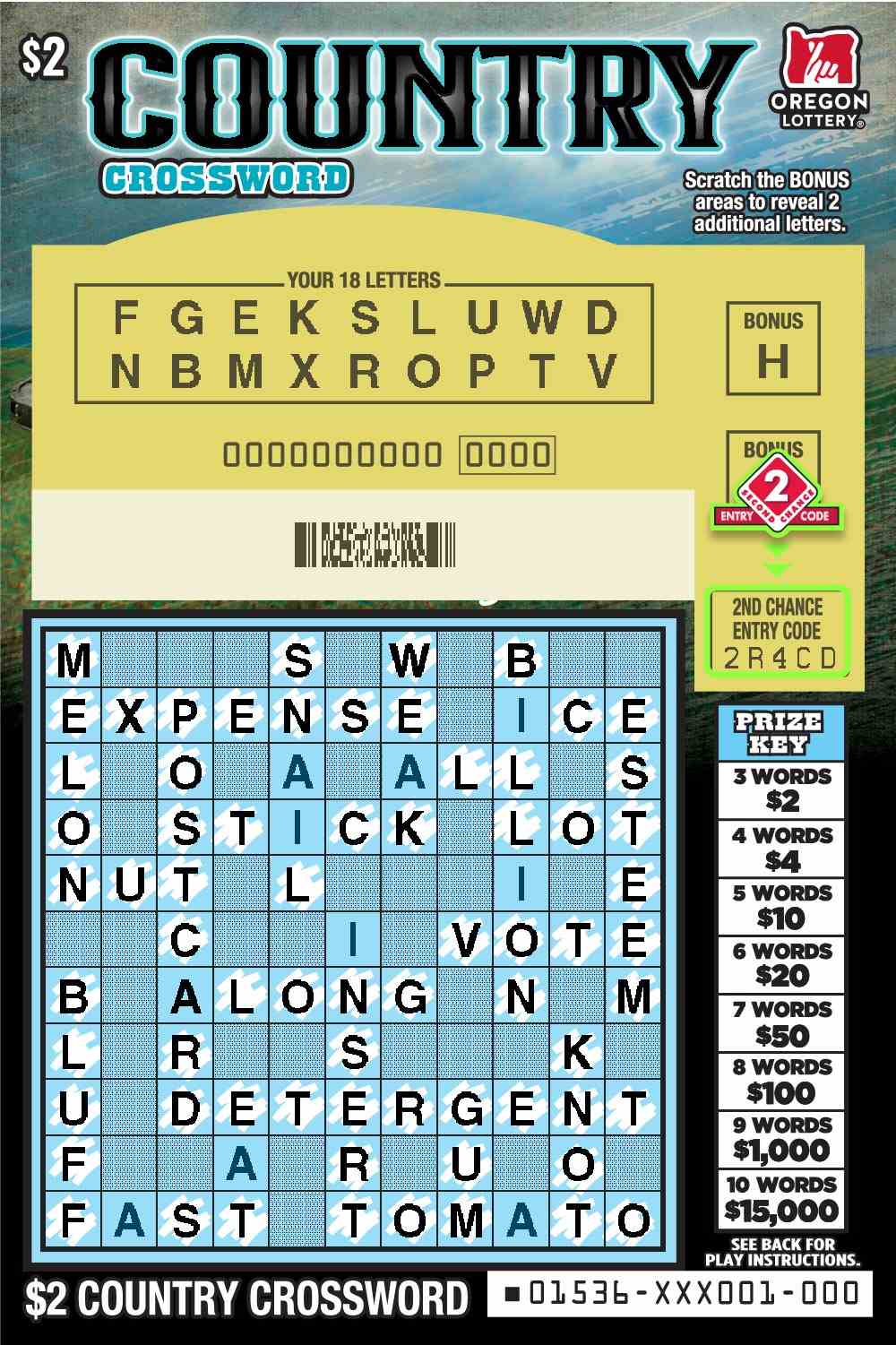 Country Crossword scratchcard - game number #1536 - front-scratched