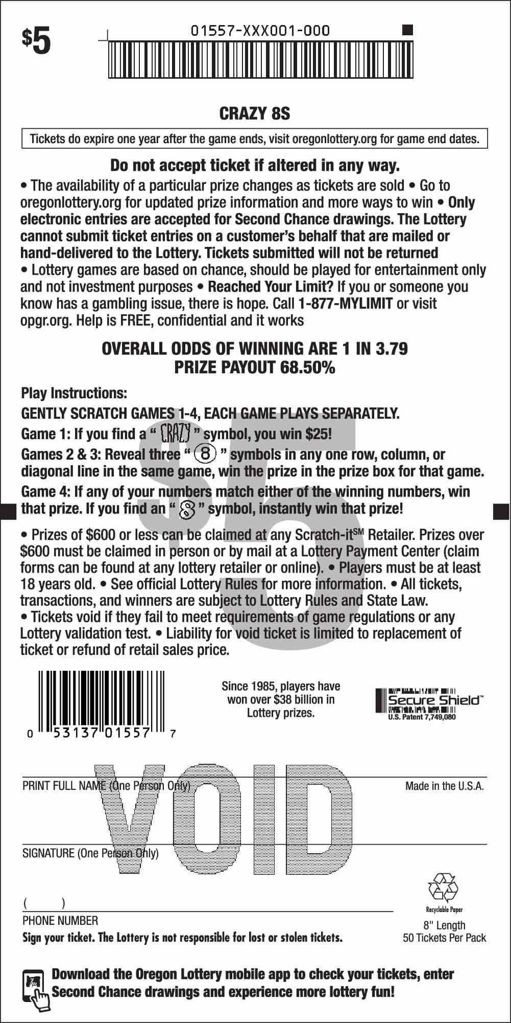 Crazy 8s scratchcard - game number #1557 - back