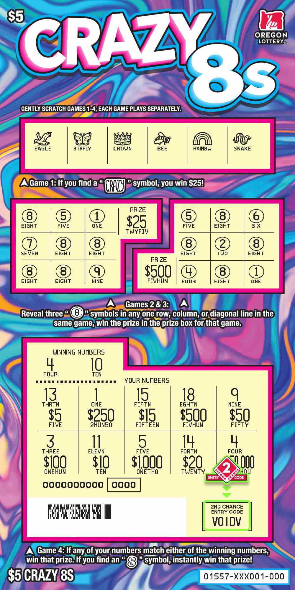 Crazy 8s scratchcard - game number #1557 - front-scratched