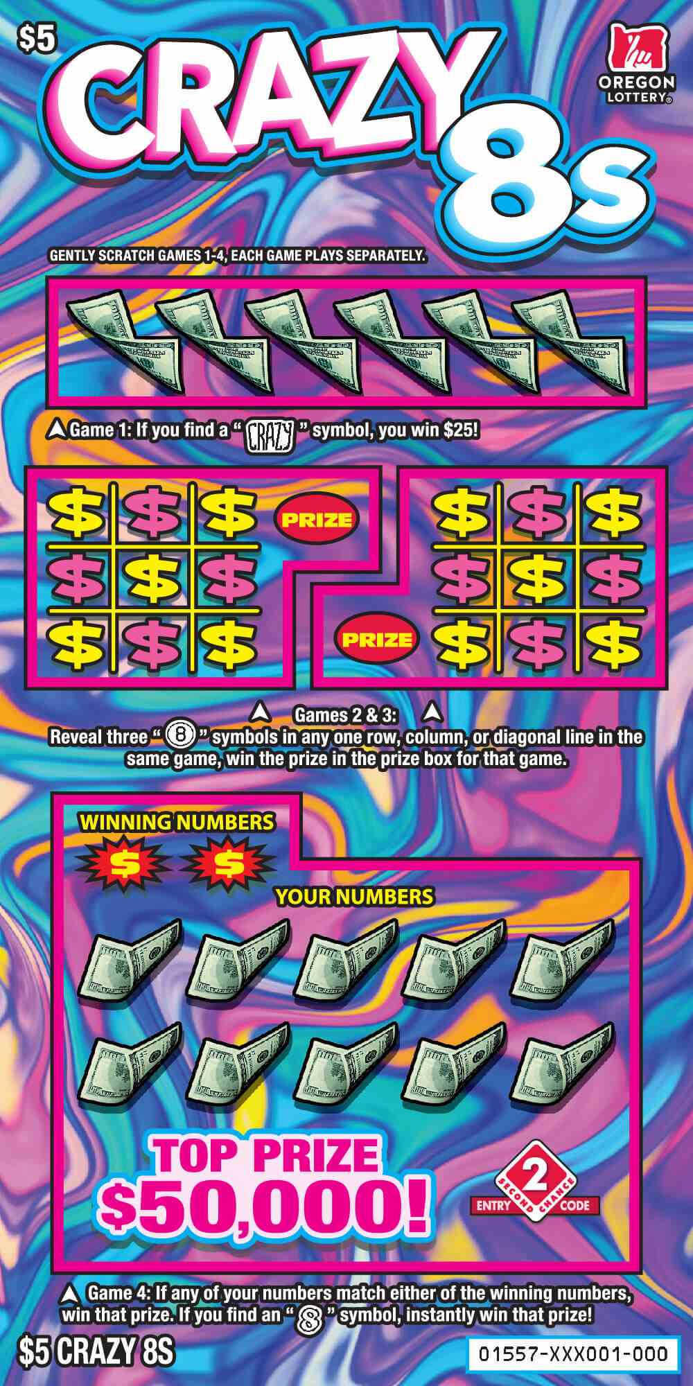 Crazy 8s scratchcard - game number #1557 - front