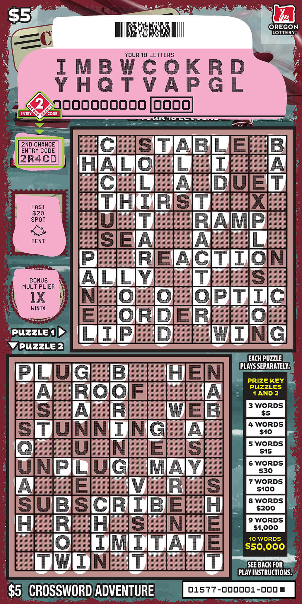 Crossword Adventure scratchcard - game number #1577 - front-scratched