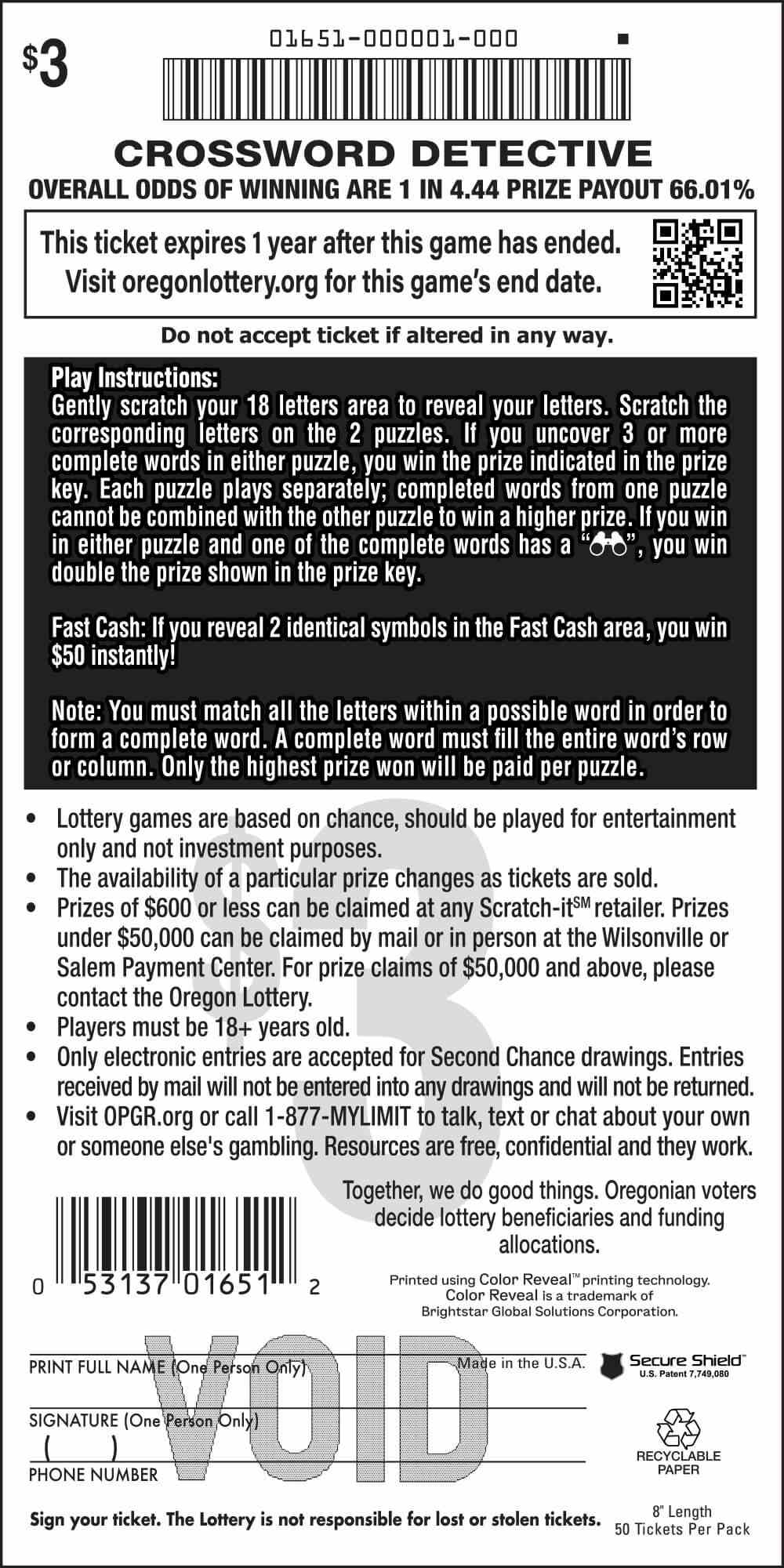 Crossword Detective scratchcard - game number #1651 - back