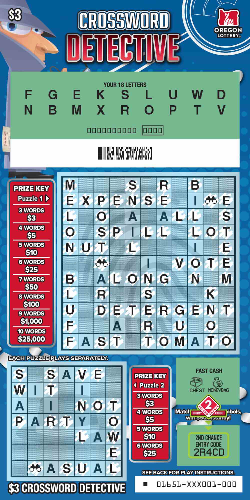Crossword Detective scratchcard - game number #1651 - front-scratched
