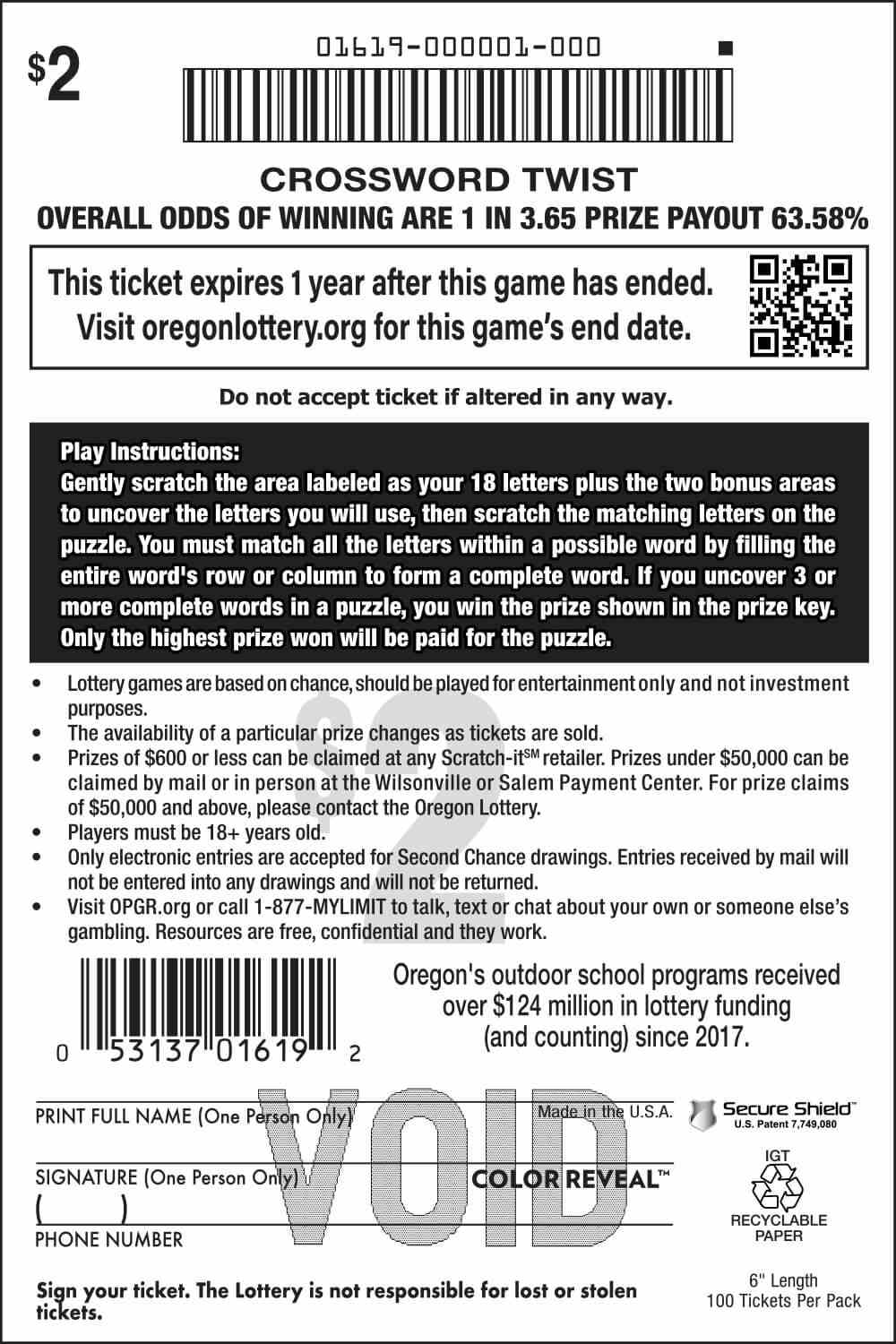 Crossword Twist scratchcard - game number #1619 - back