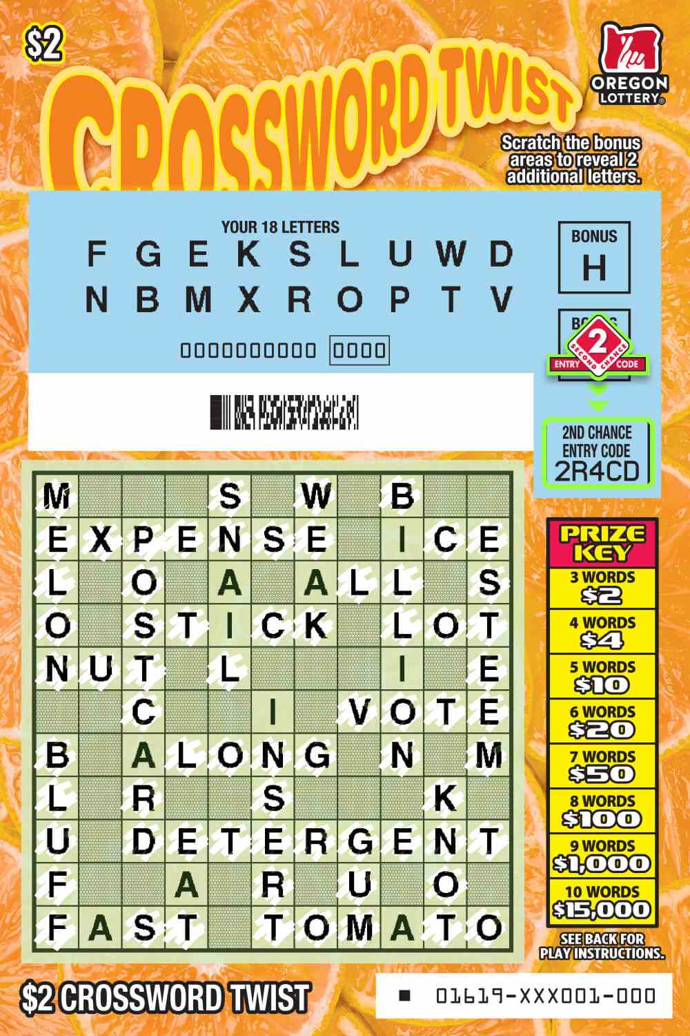 Crossword Twist scratchcard - game number #1619 - front-scratched