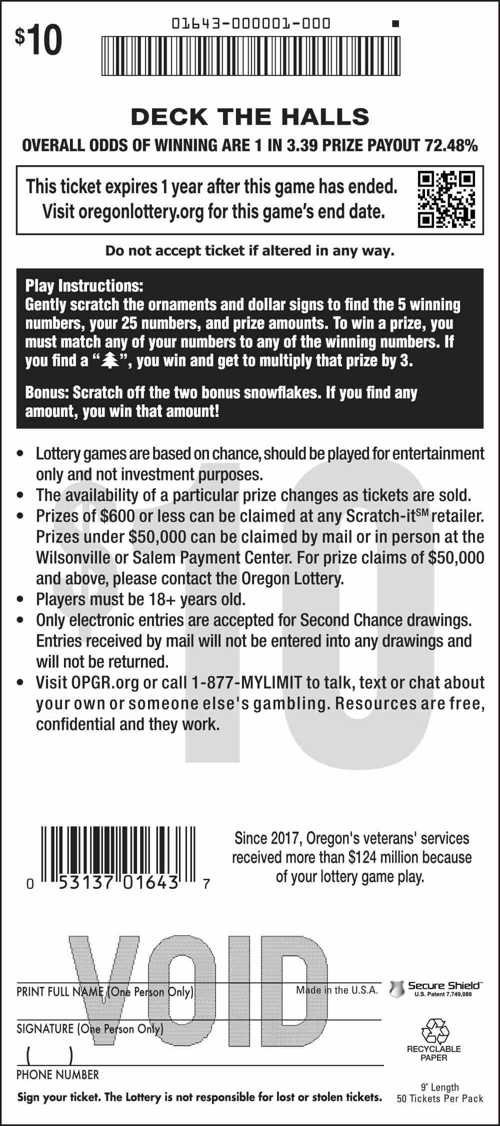 Deck The Halls scratchcard - game number #1643 - back