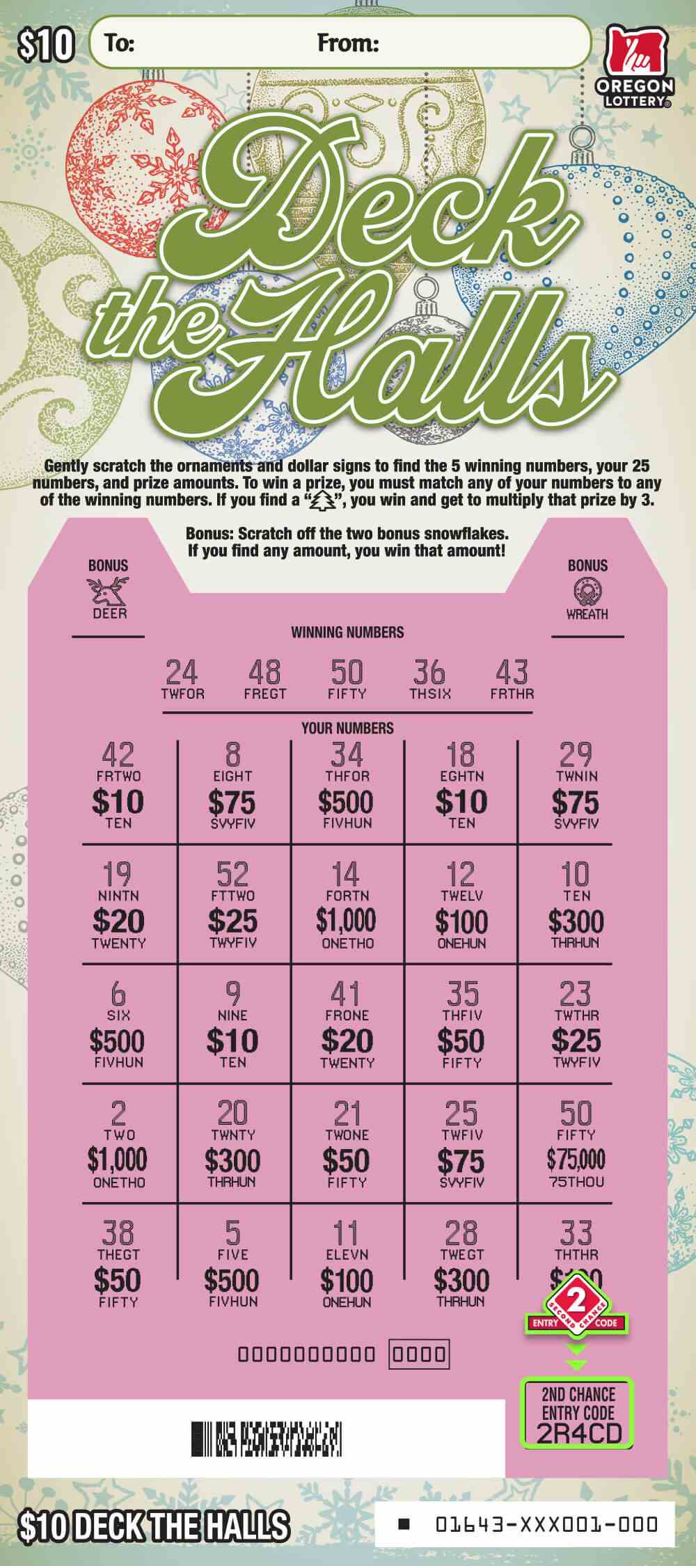 Deck The Halls scratchcard - game number #1643 - front-scratched