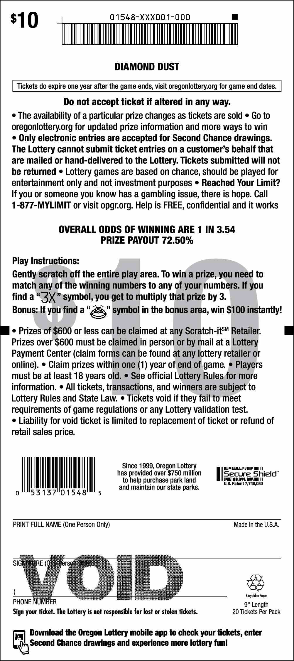 Diamond Dust scratchcard - game number #1548 - back