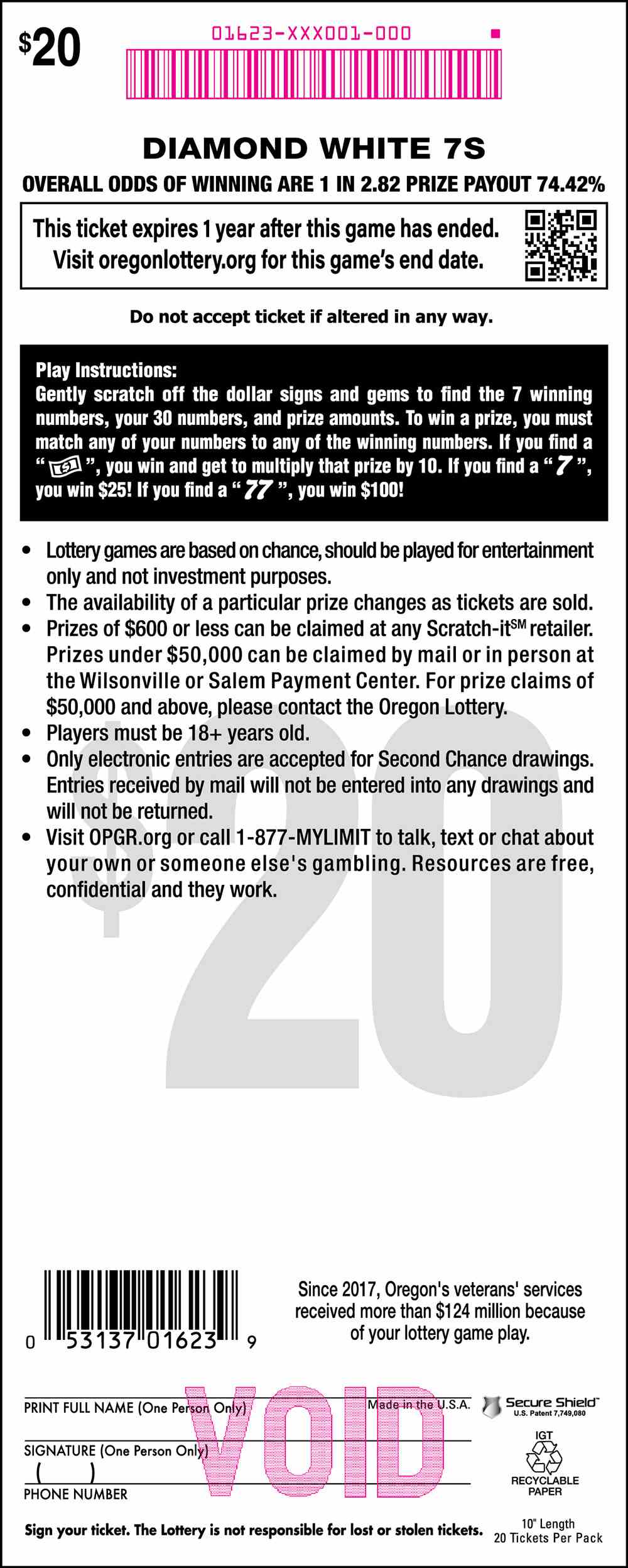 Diamond White 7S scratchcard - game number #1623 - back