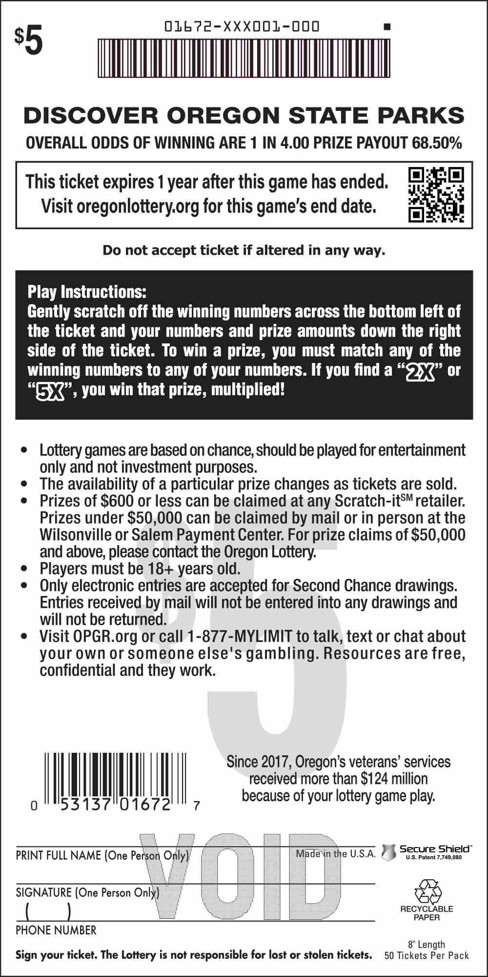 Discover Oregon State Parks scratchcard - game number #1672 - back