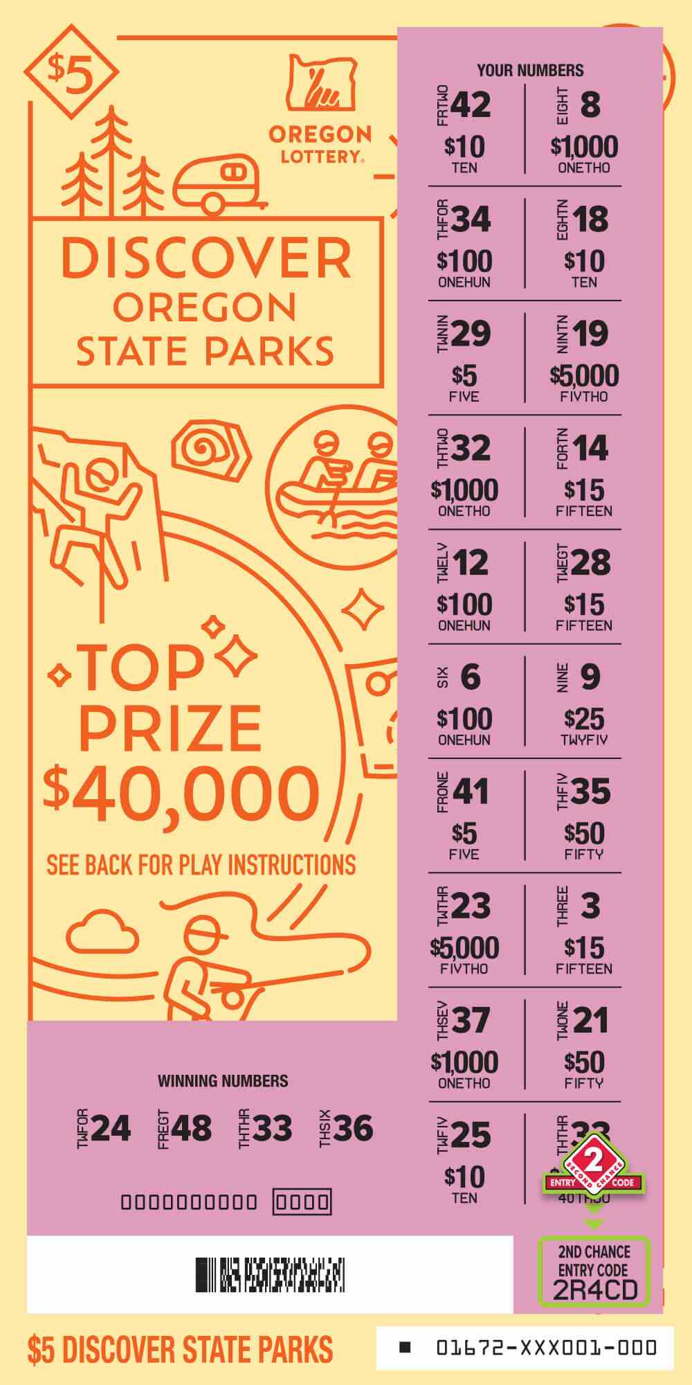Discover Oregon State Parks scratchcard - game number #1672 - front-scratched