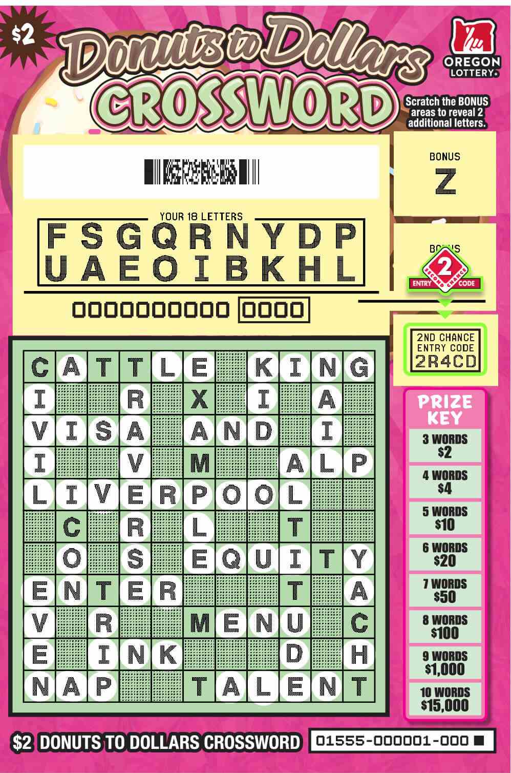 Donuts to Dollars Crossword scratchcard - game number #1555 - front-scratched