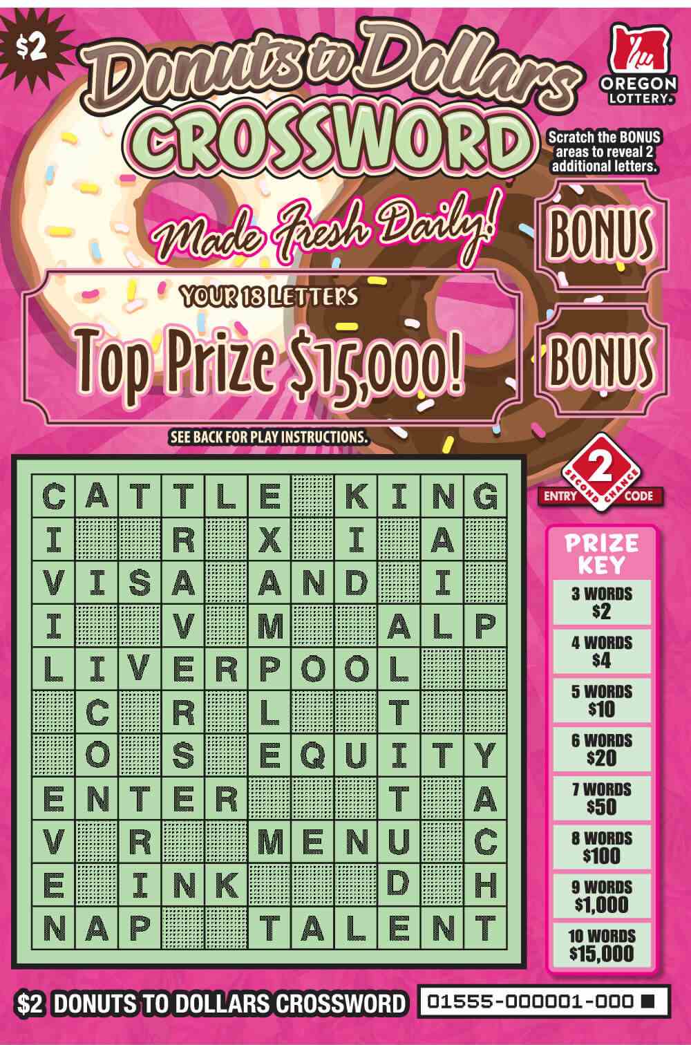 Donuts to Dollars Crossword scratchcard - game number #1555 - front