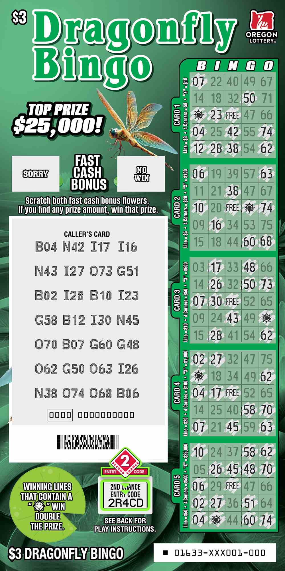 Dragonfly Bingo scratchcard - game number #1633 - front-scratched