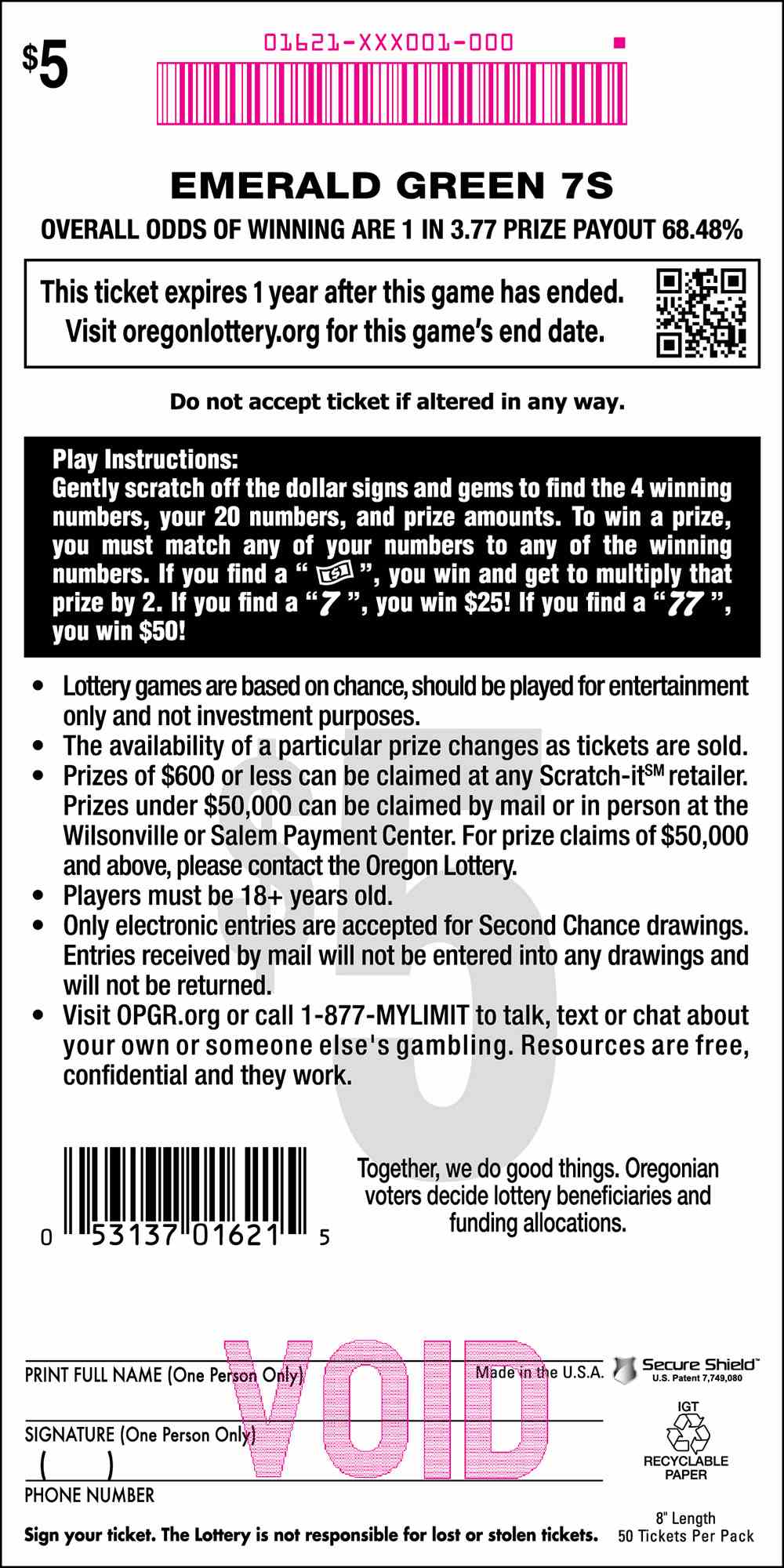 Emerald Green 7S scratchcard - game number #1621 - back