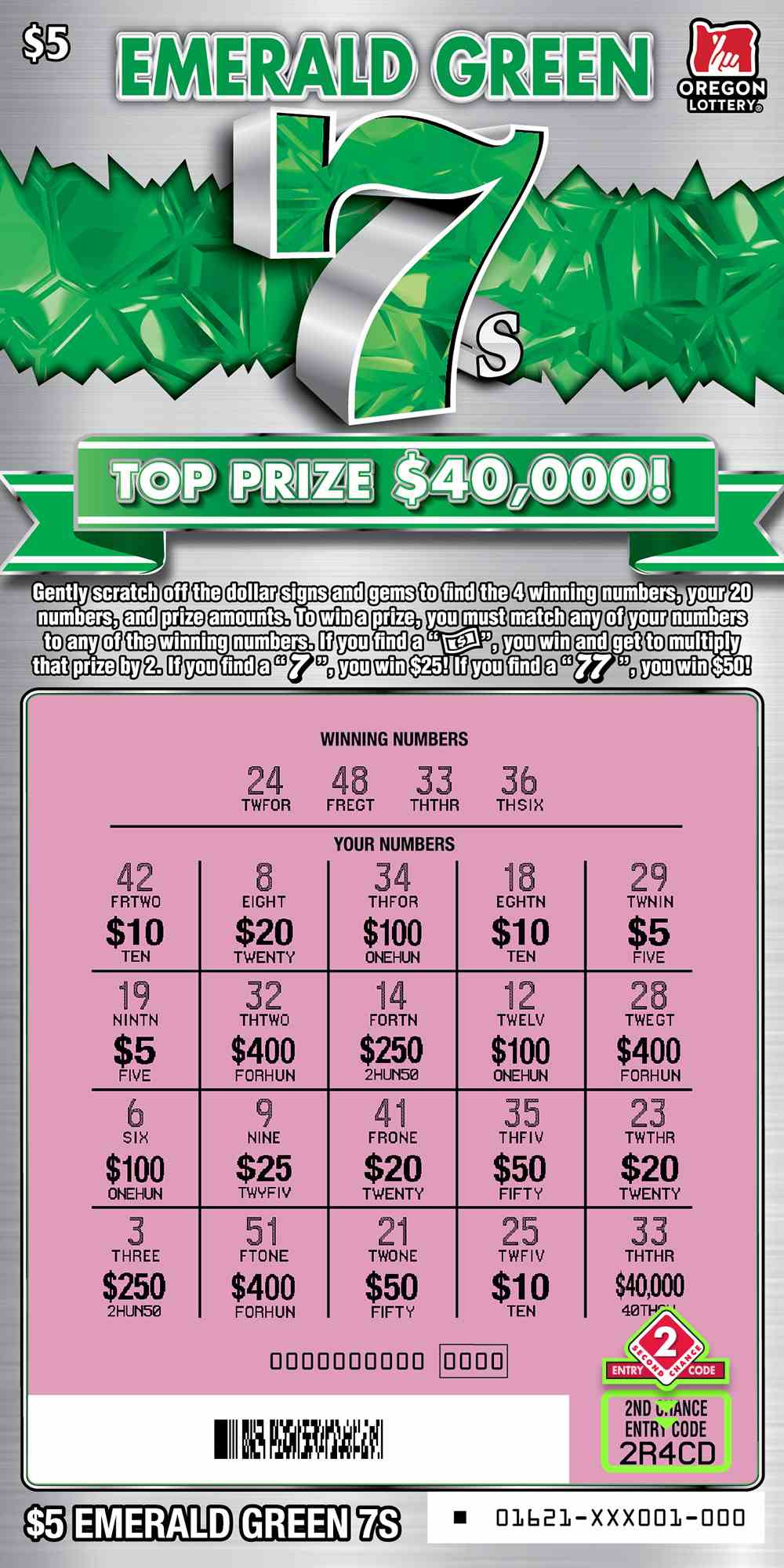 Emerald Green 7S scratchcard - game number #1621 - front-scratched