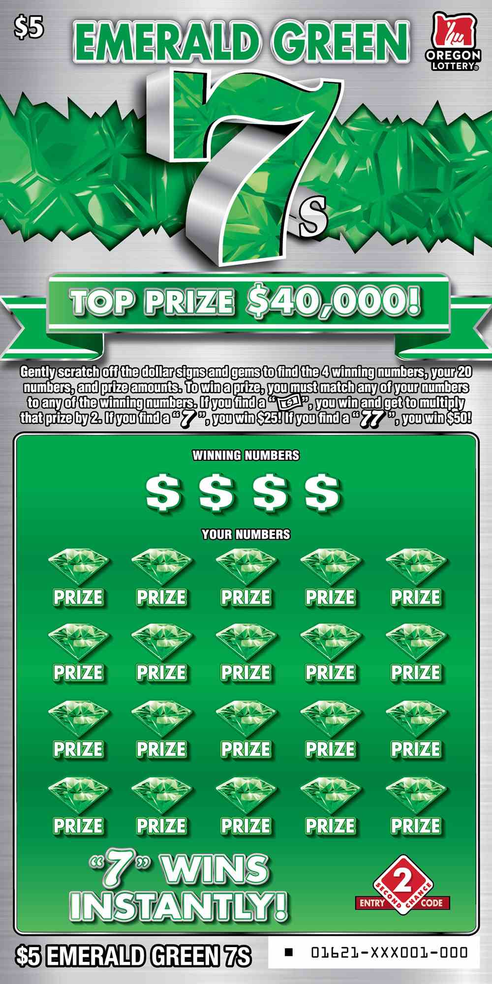 Emerald Green 7S scratchcard - game number #1621 - front