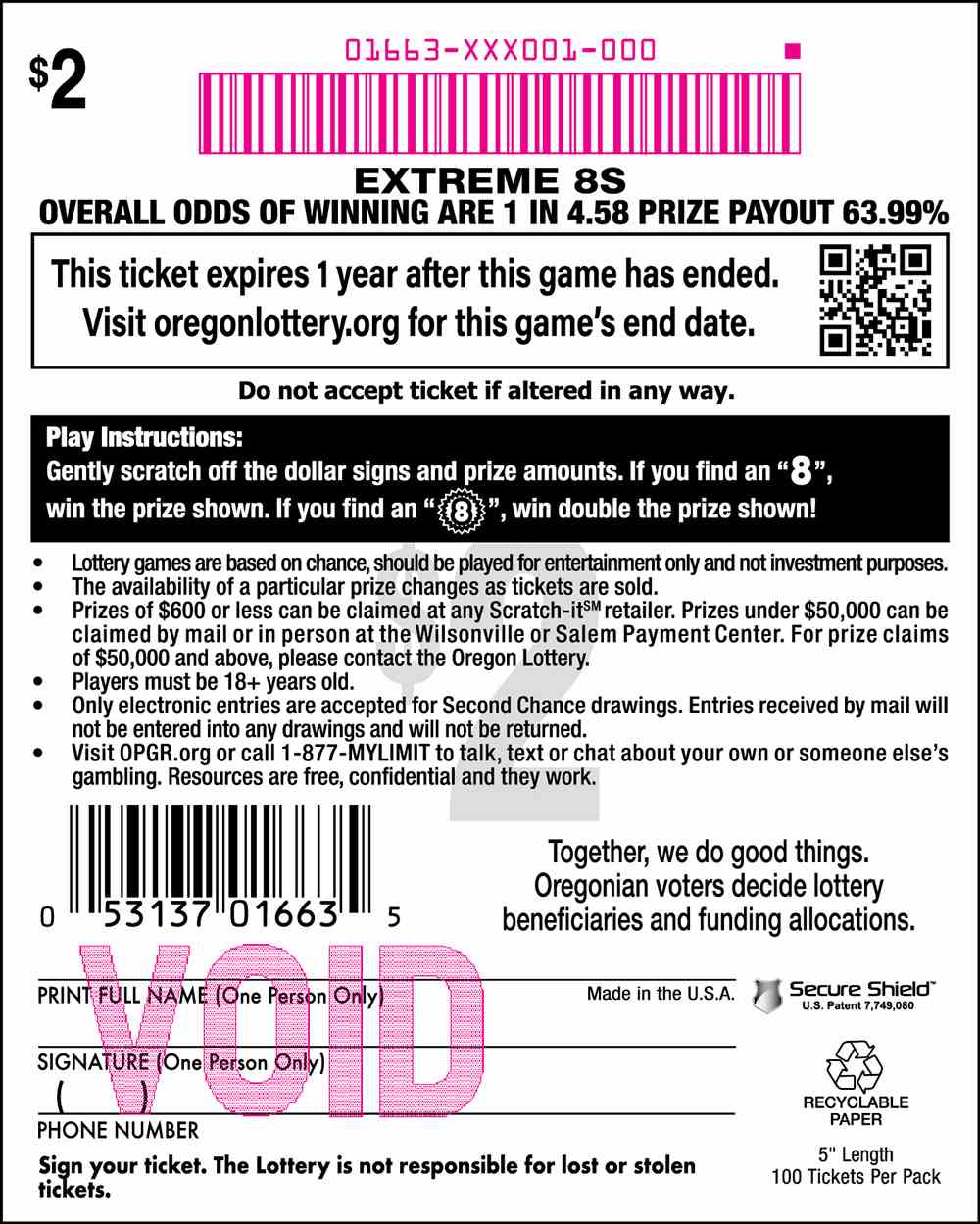 Extreme 8S scratchcard - game number #1663 - back