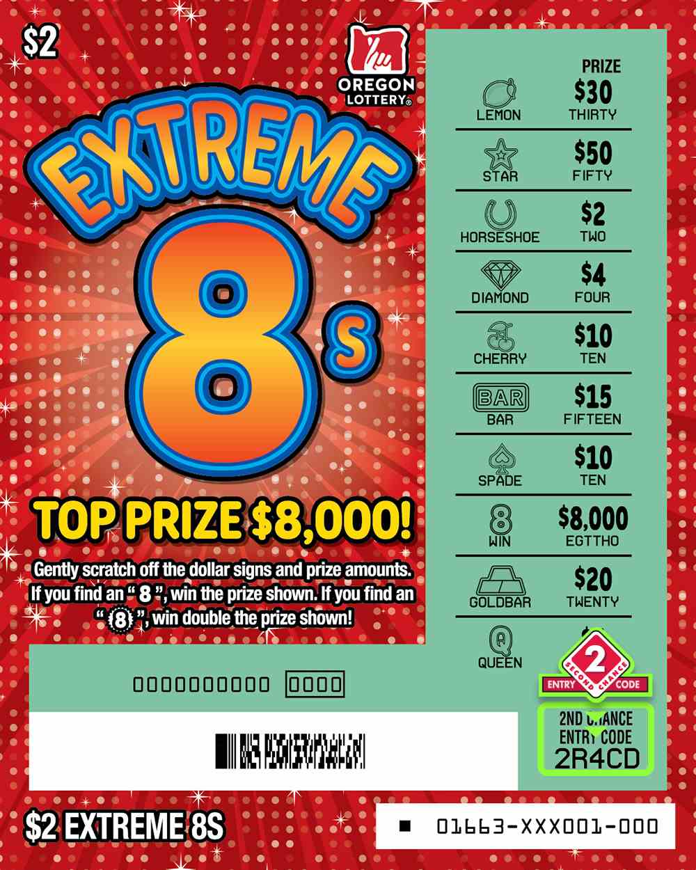 Extreme 8S scratchcard - game number #1663 - front-scratched