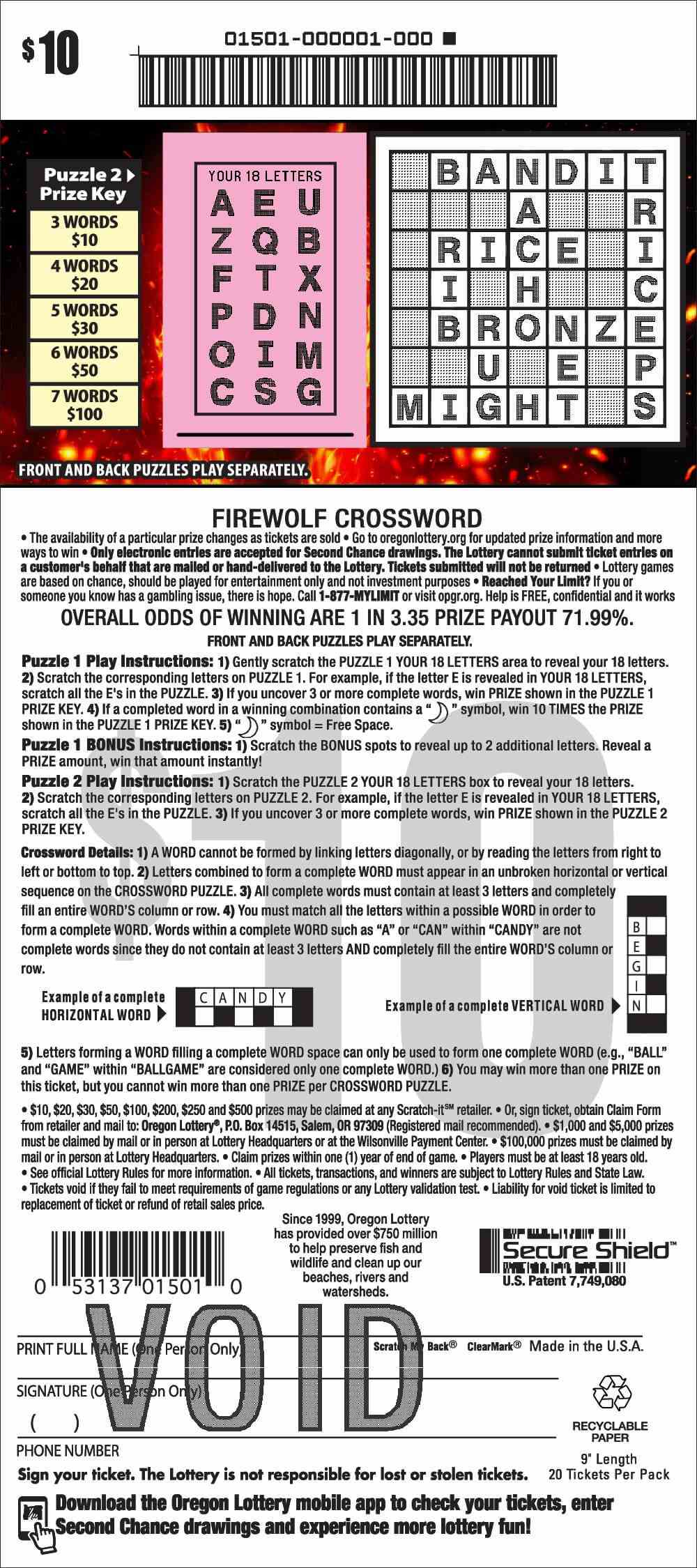 Firewolf Crossword scratchcard - game number #1501 - back