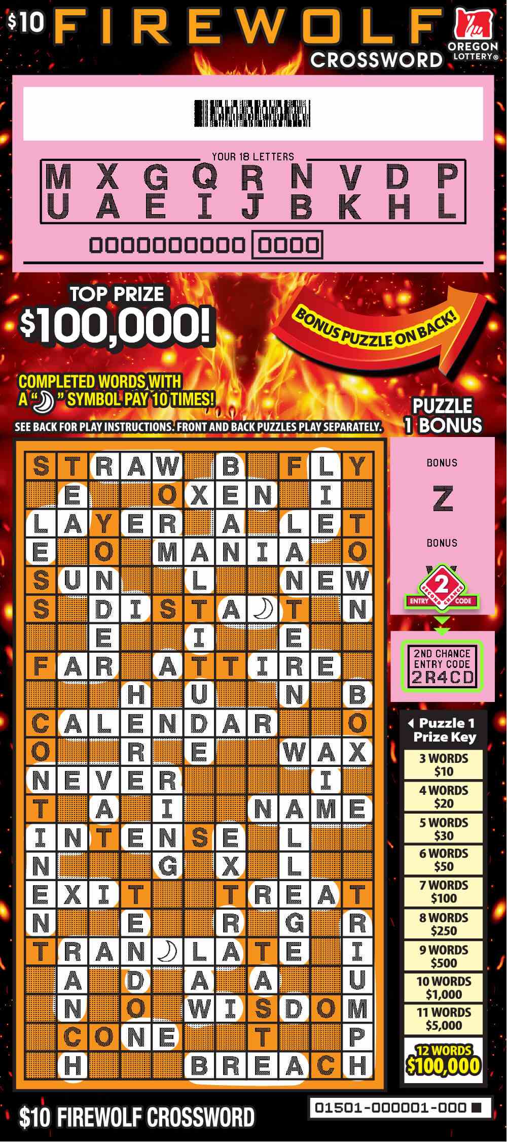 Firewolf Crossword scratchcard - game number #1501 - front-scratched