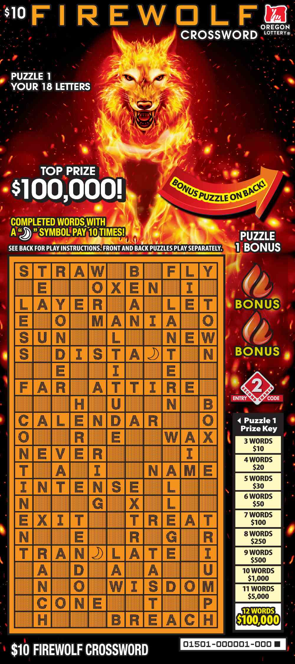 Firewolf Crossword scratchcard - game number #1501 - front