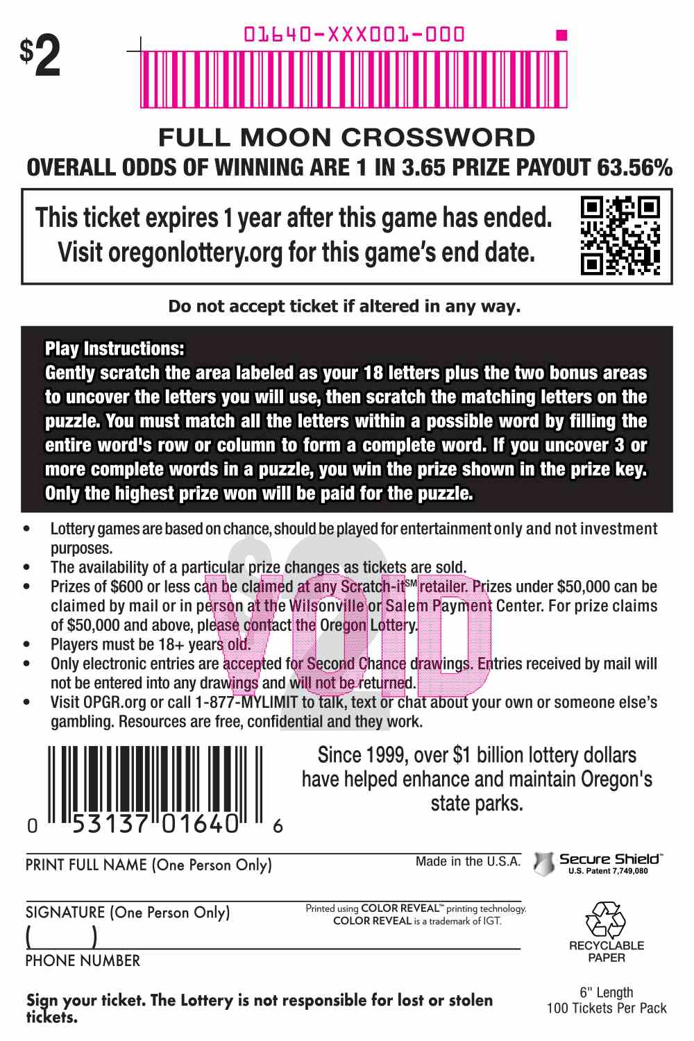 Full Moon Crossword scratchcard - game number #1640 - back