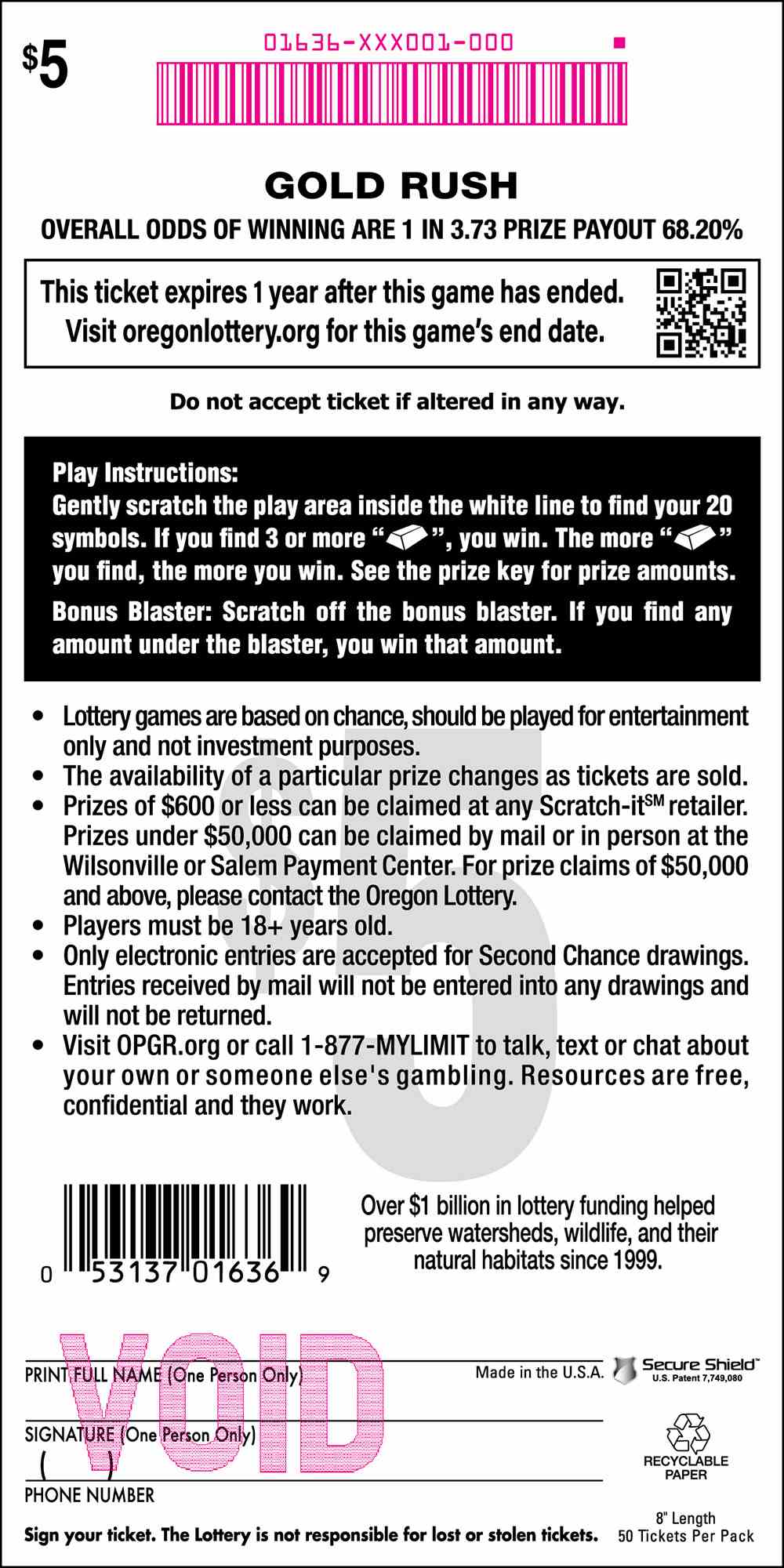 Gold Rush scratchcard - game number #1636 - back