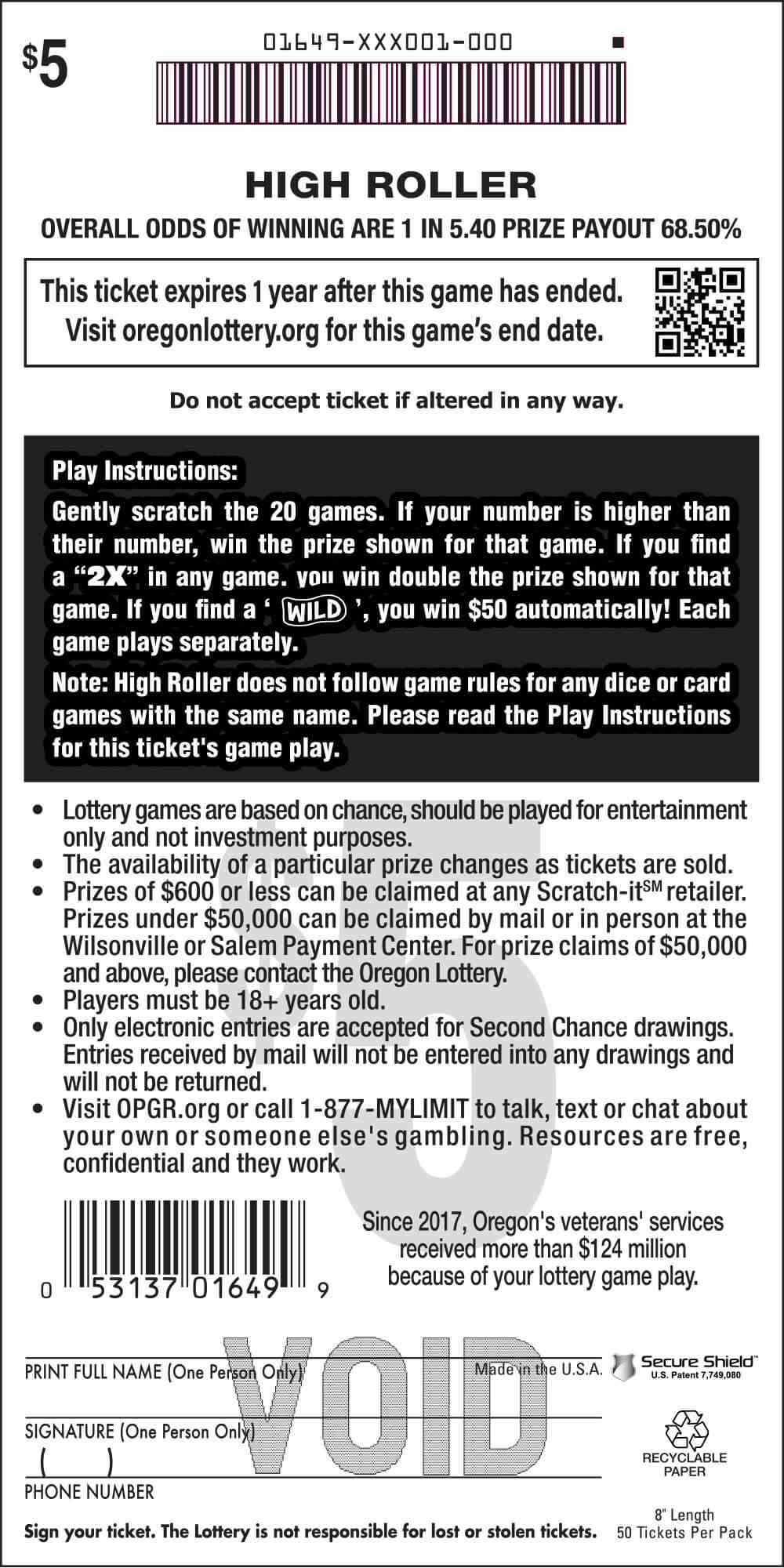 High Roller scratchcard - game number #1649 - back