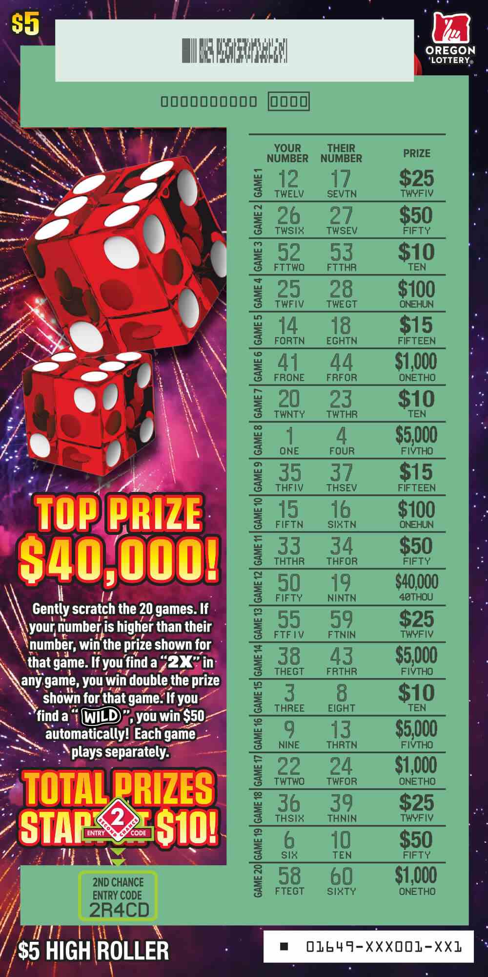 High Roller scratchcard - game number #1649 - front-scratched