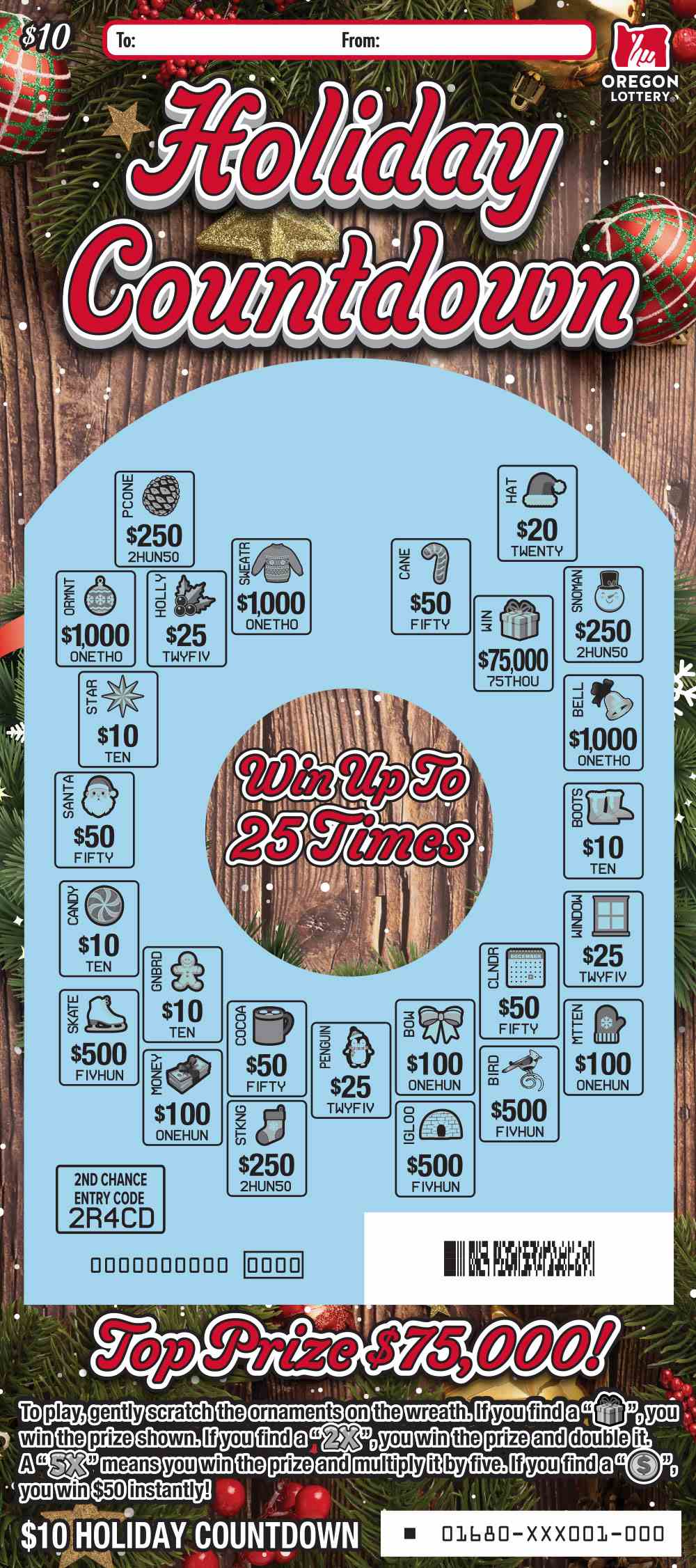 Holiday Countdown scratchcard - game number #1680 - front-scratched