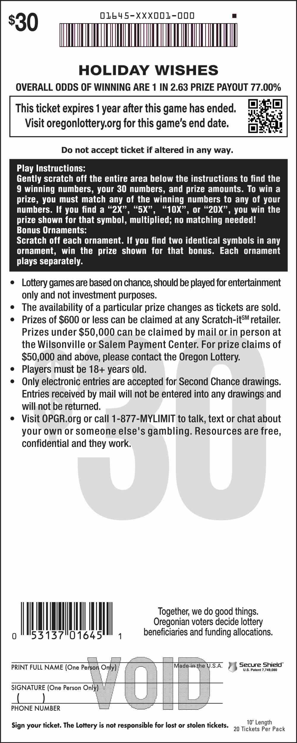 Holiday Wishes scratchcard - game number #1645 - back