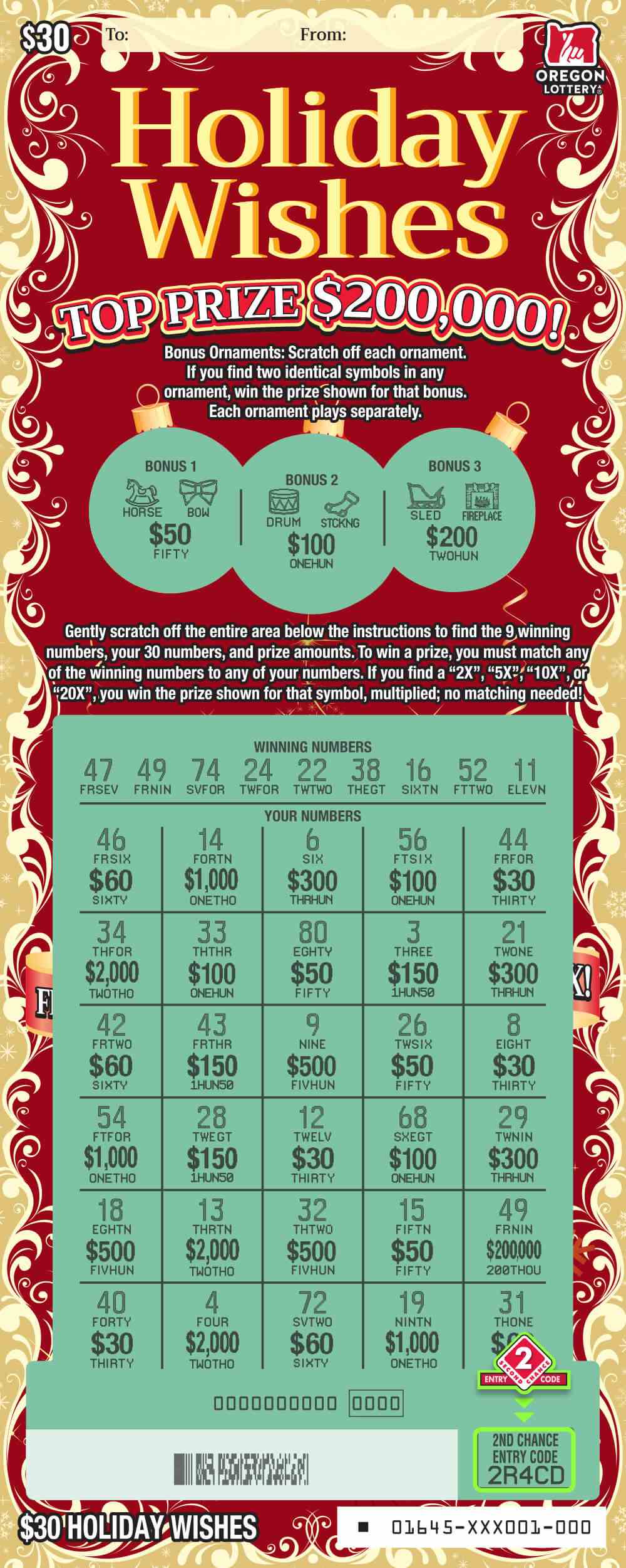 Holiday Wishes scratchcard - game number #1645 - front-scratched