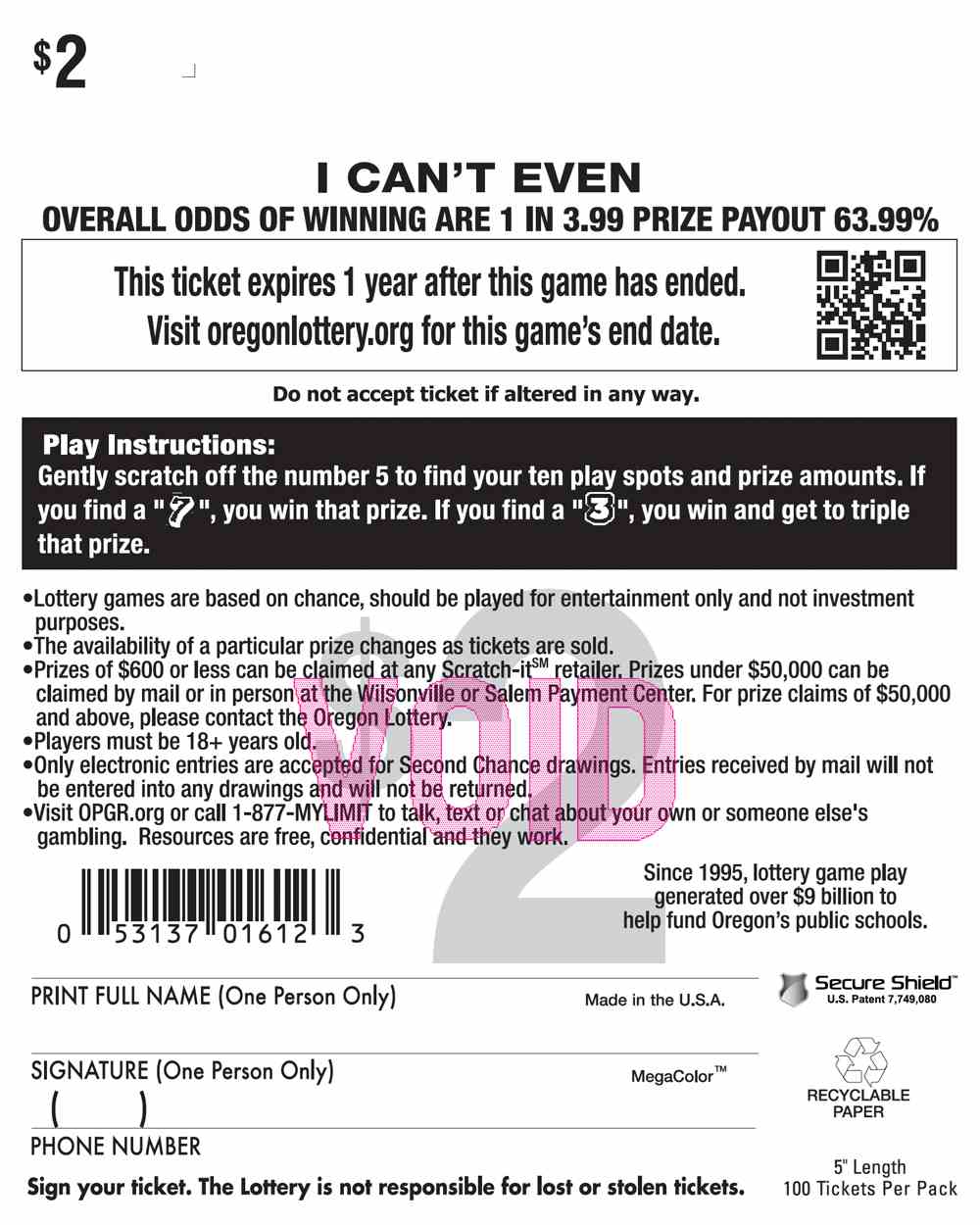 I Can't Even scratchcard - game number #1612 - back