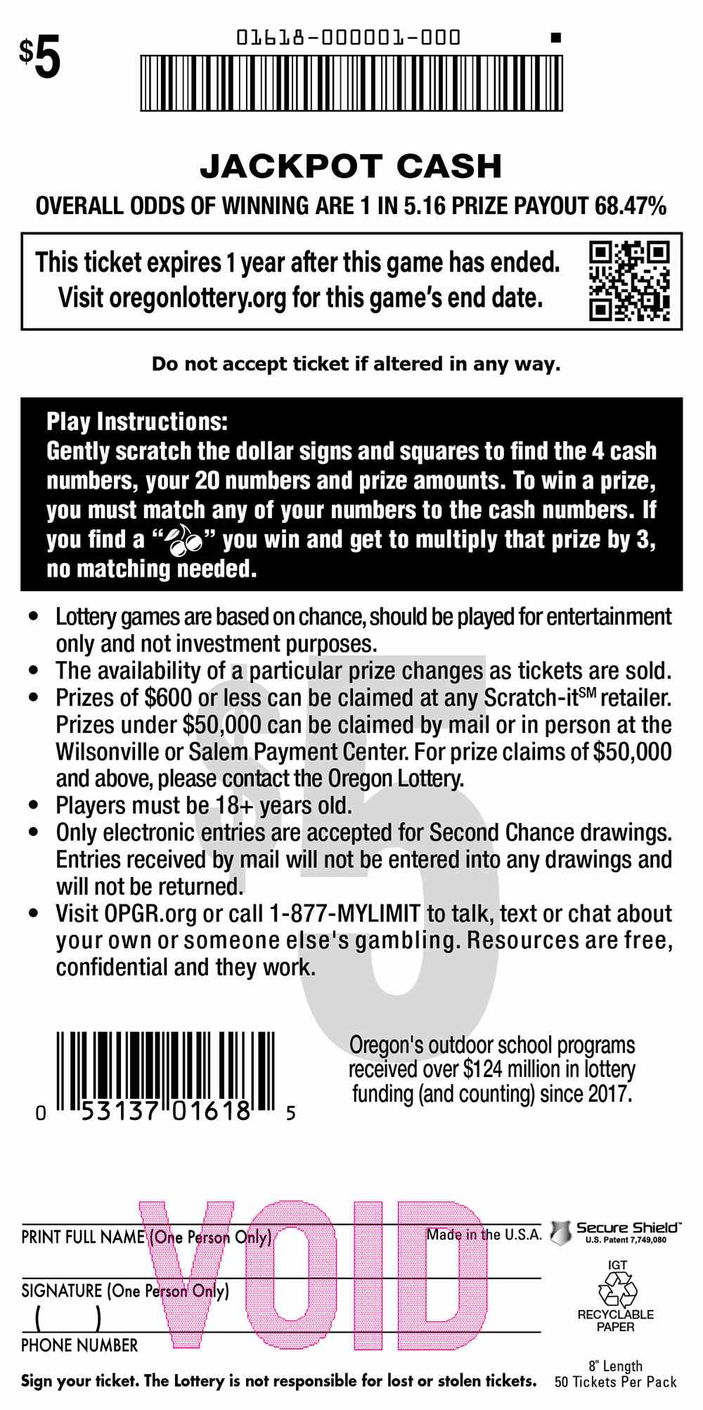 Jackpot Cash scratchcard - game number #1618 - back