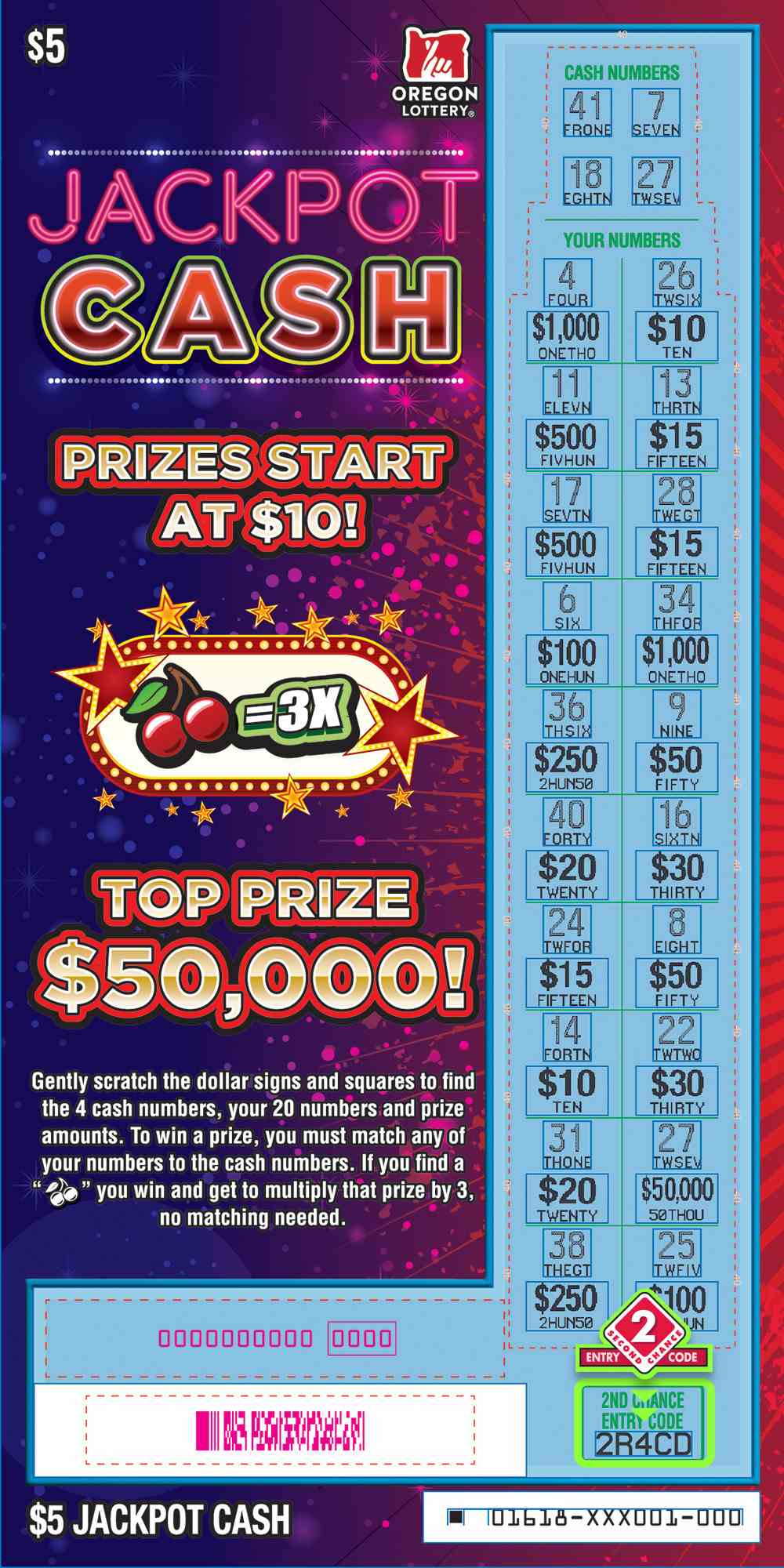 Jackpot Cash scratchcard - game number #1618 - front-scratched