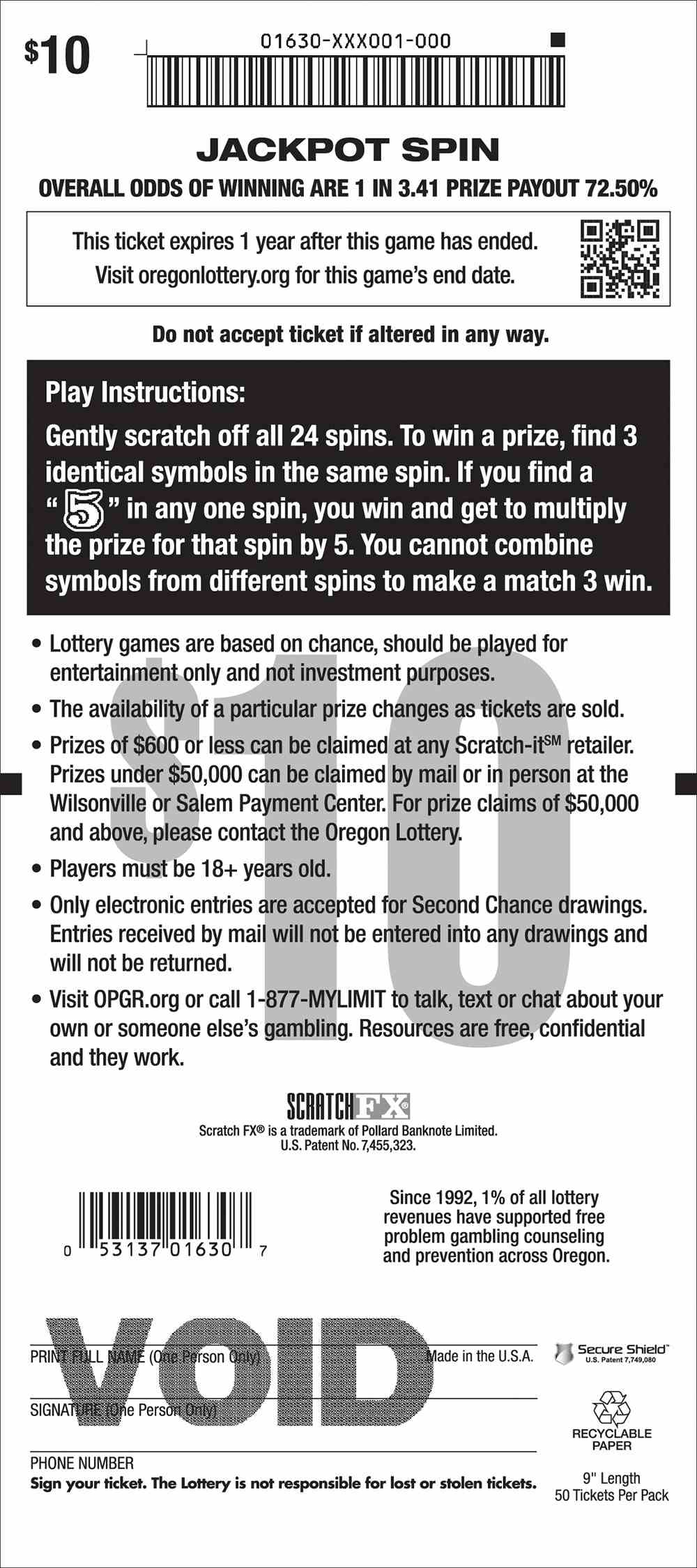 Jackpot Spin scratchcard - game number #1630 - back
