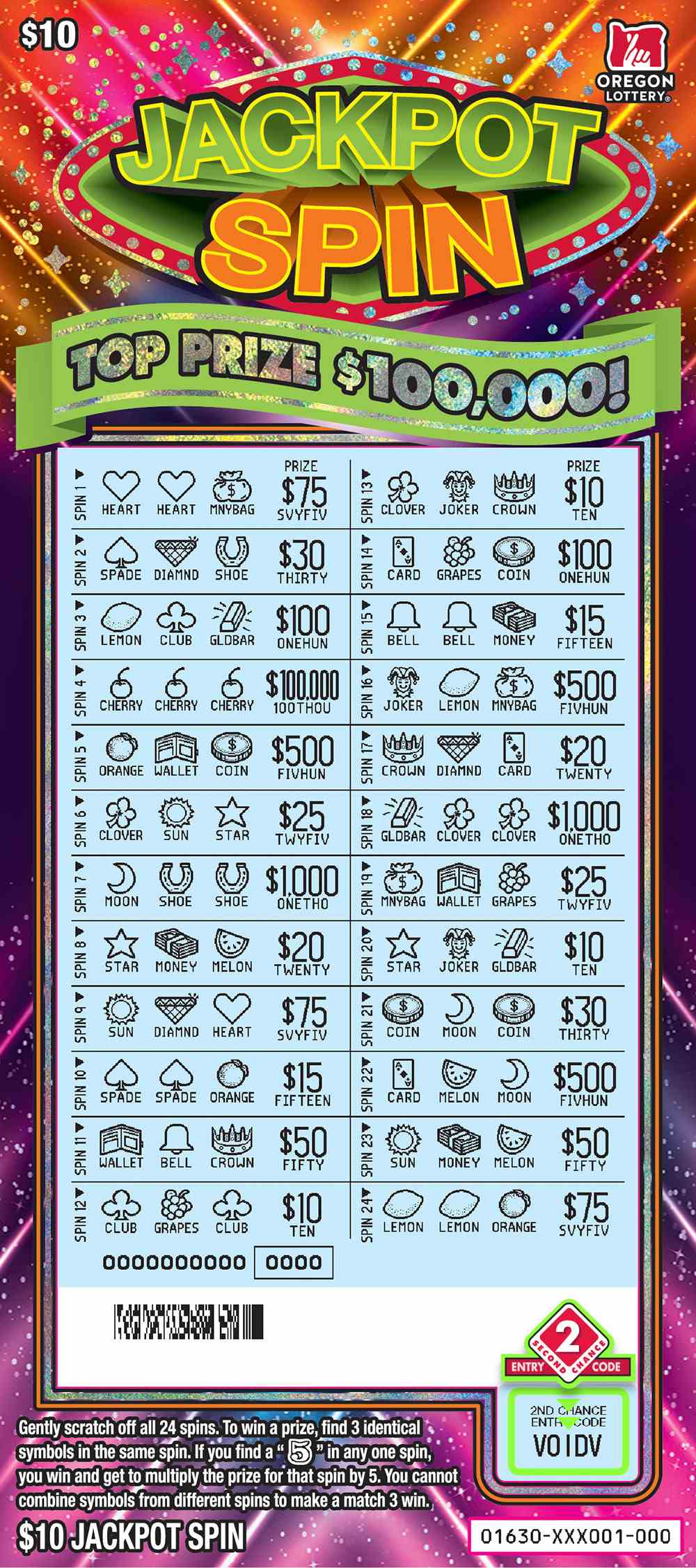 Jackpot Spin scratchcard - game number #1630 - front-scratched