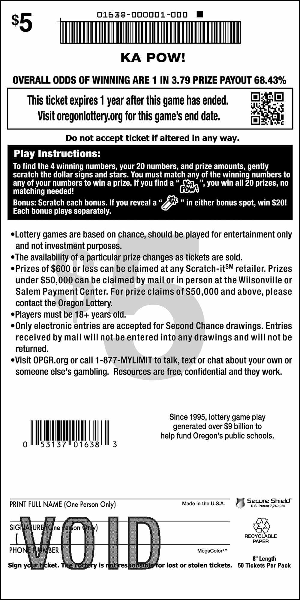 Ka Pow! scratchcard - game number #1638 - back