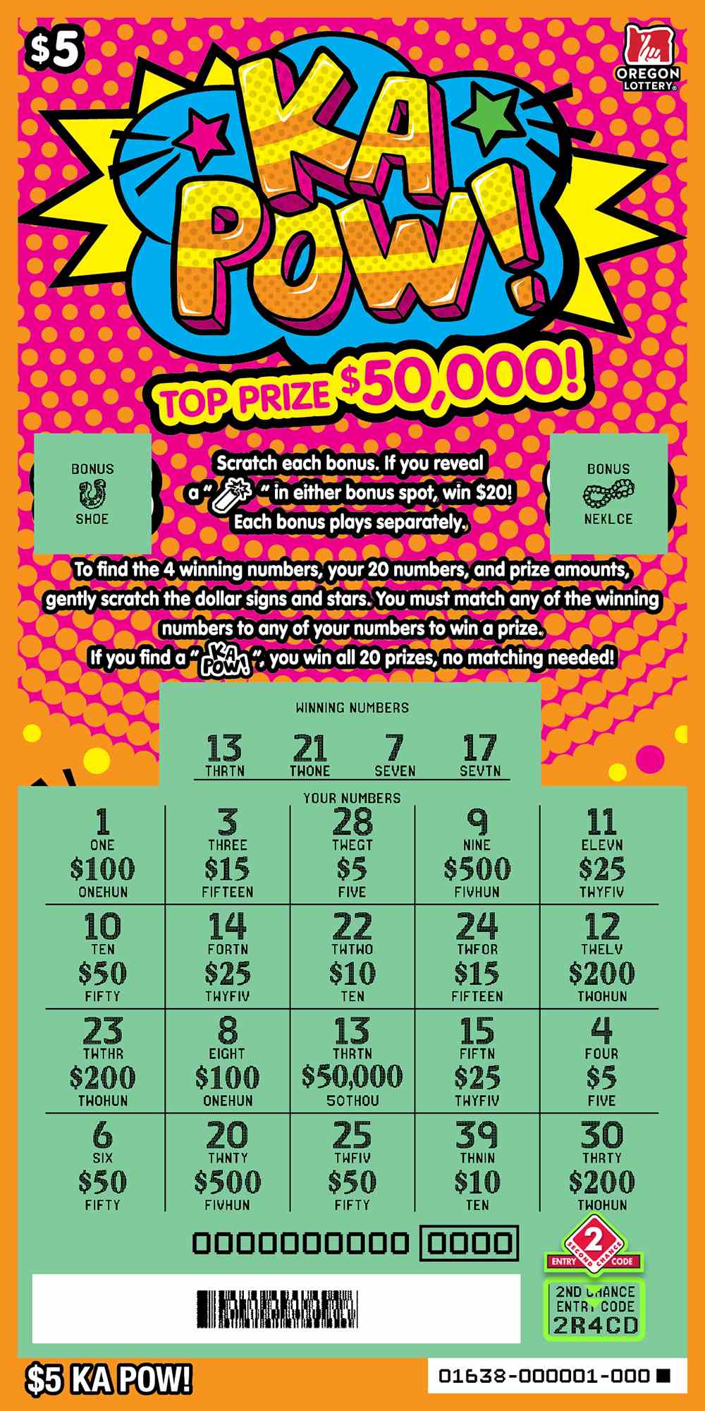 Ka Pow! scratchcard - game number #1638 - front-scratched