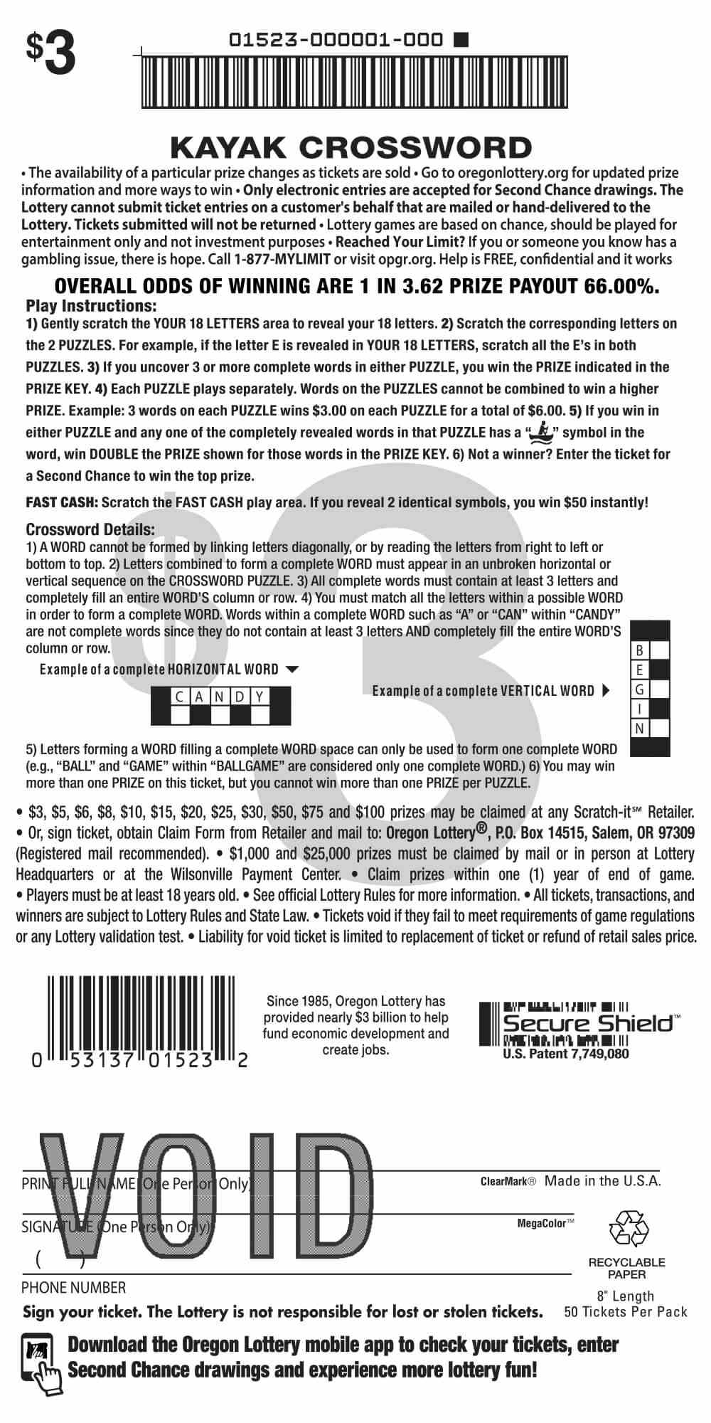 Kayak Crossword scratchcard - game number #1523 - back