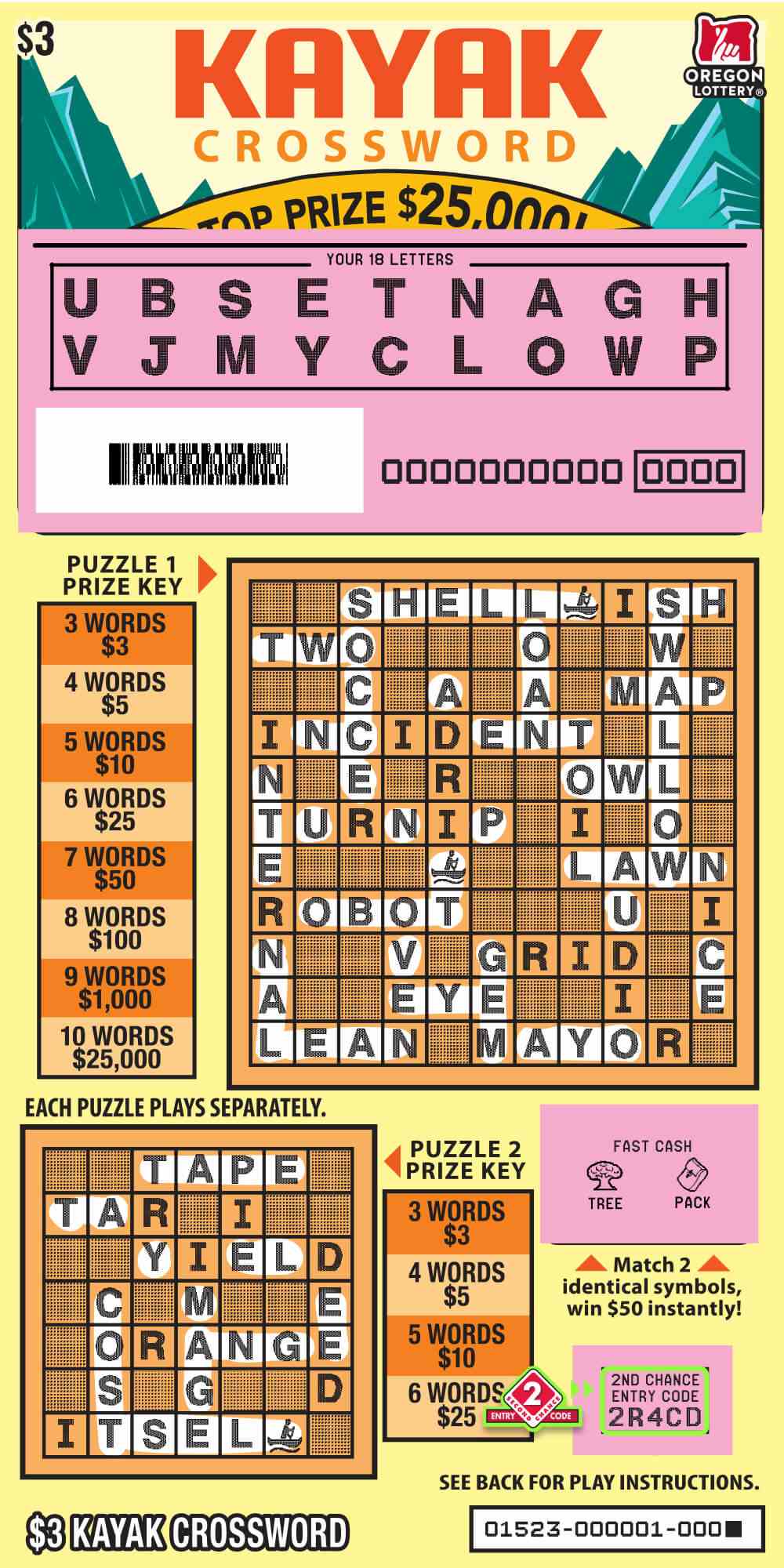 Kayak Crossword scratchcard - game number #1523 - front-scratched