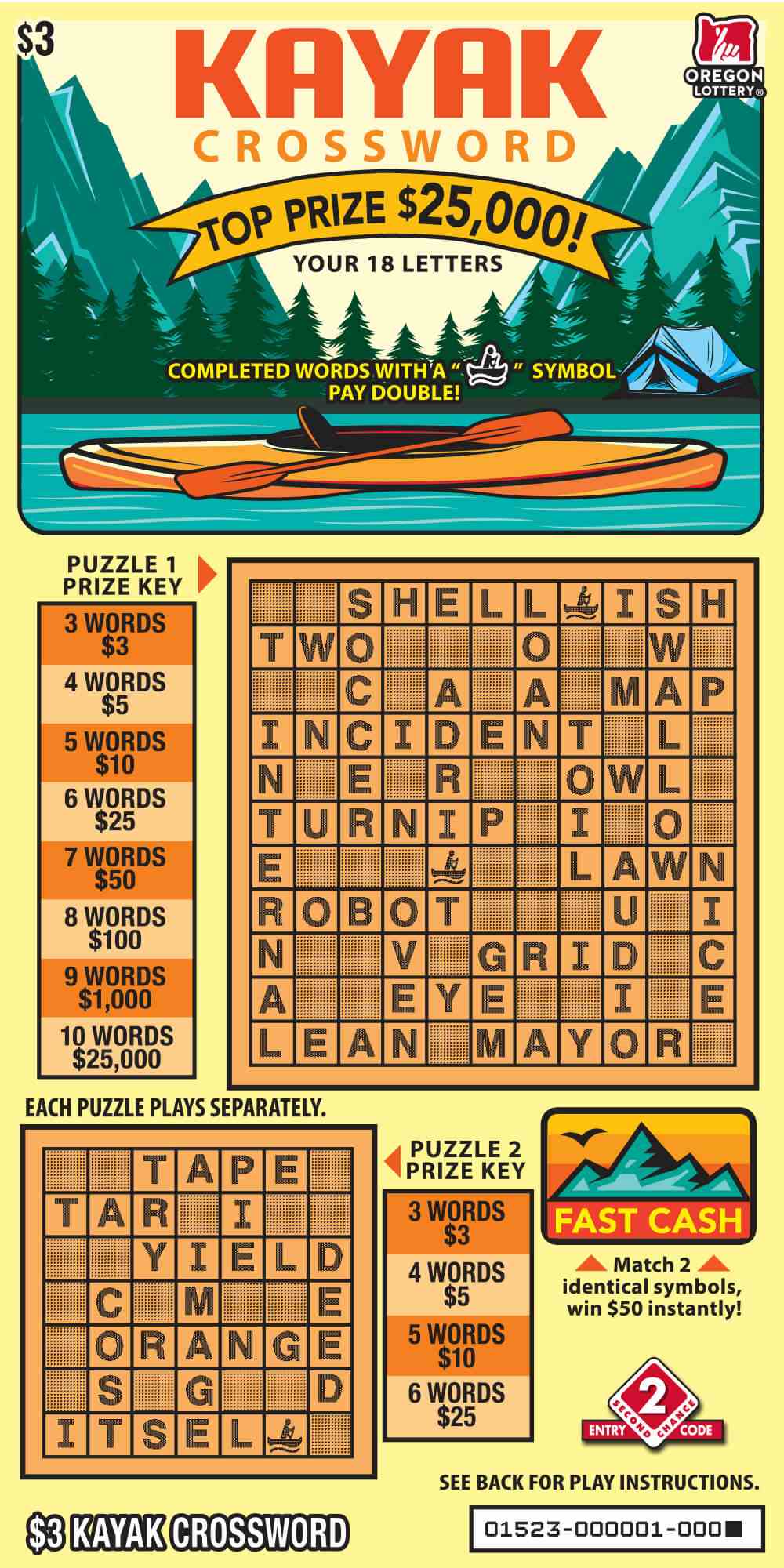 Kayak Crossword scratchcard - game number #1523 - front