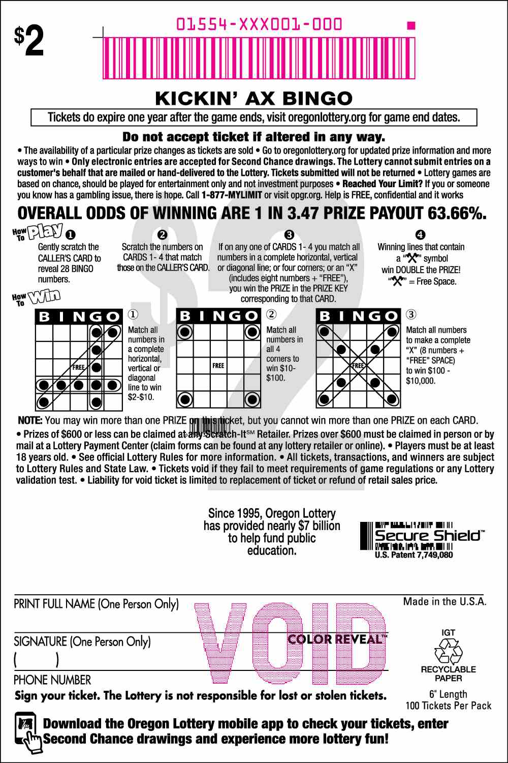 Kickin' Ax Bingo scratchcard - game number #1554 - back