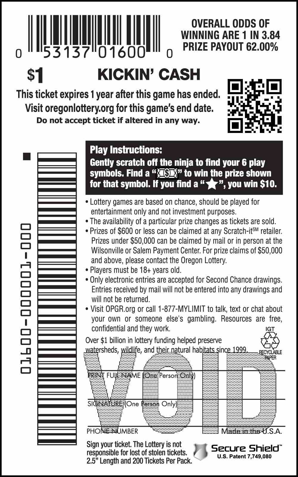 Kickin' Cash scratchcard - game number #1600 - back
