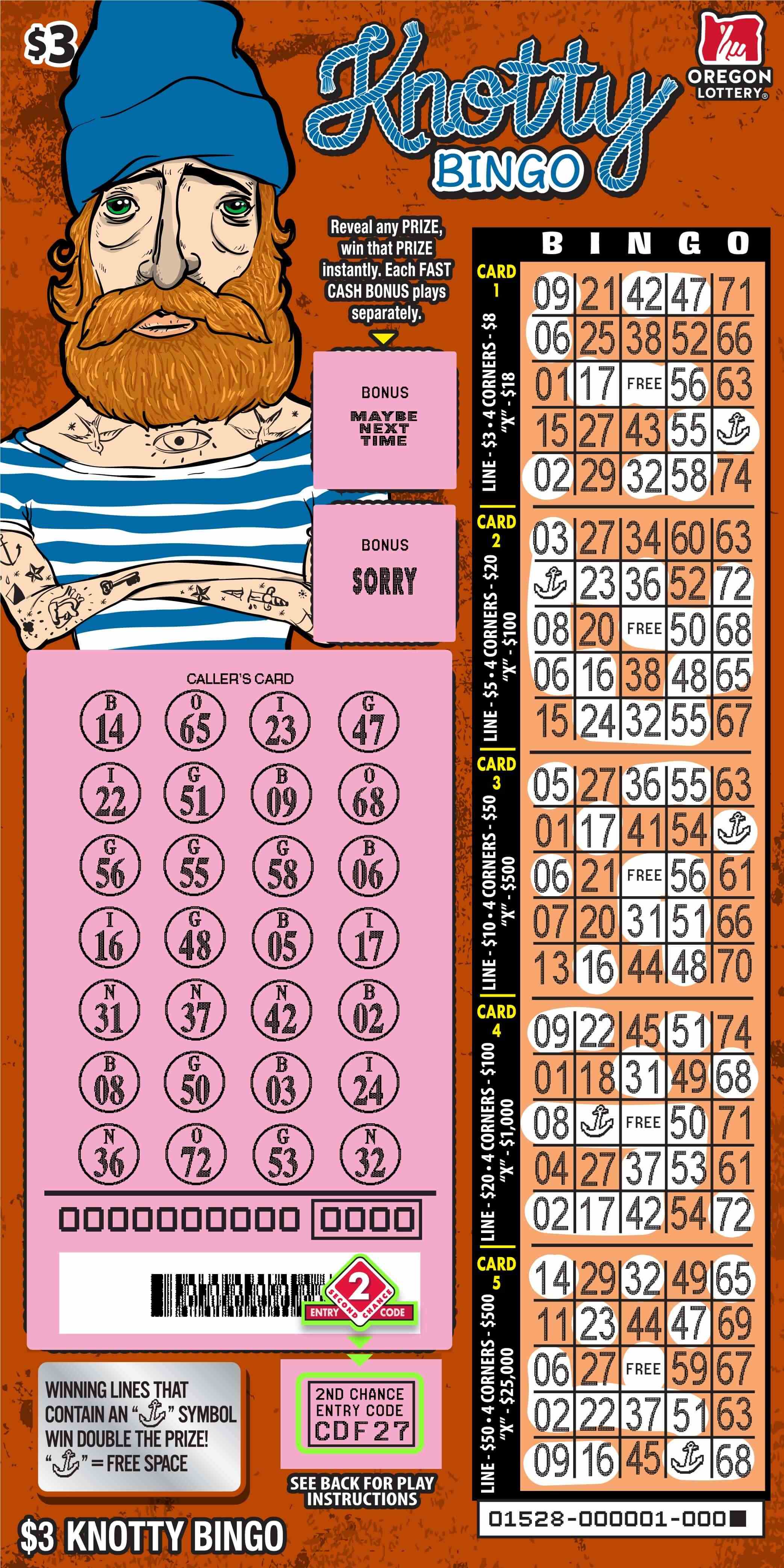 Knotty Bingo scratchcard - game number #1528 - front-scratched